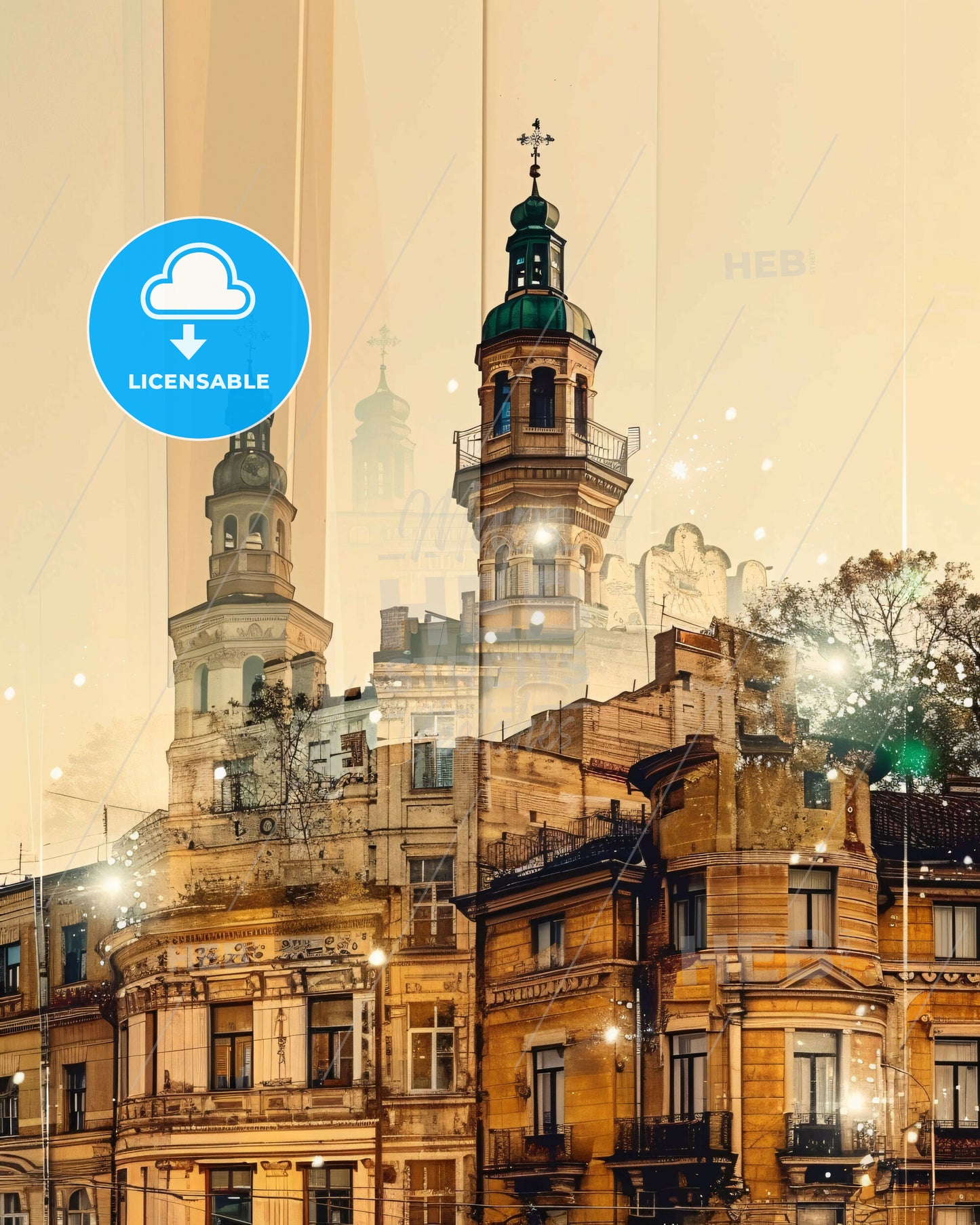 Lviv Skyline Double Exposure Art Deco - A building with a tower