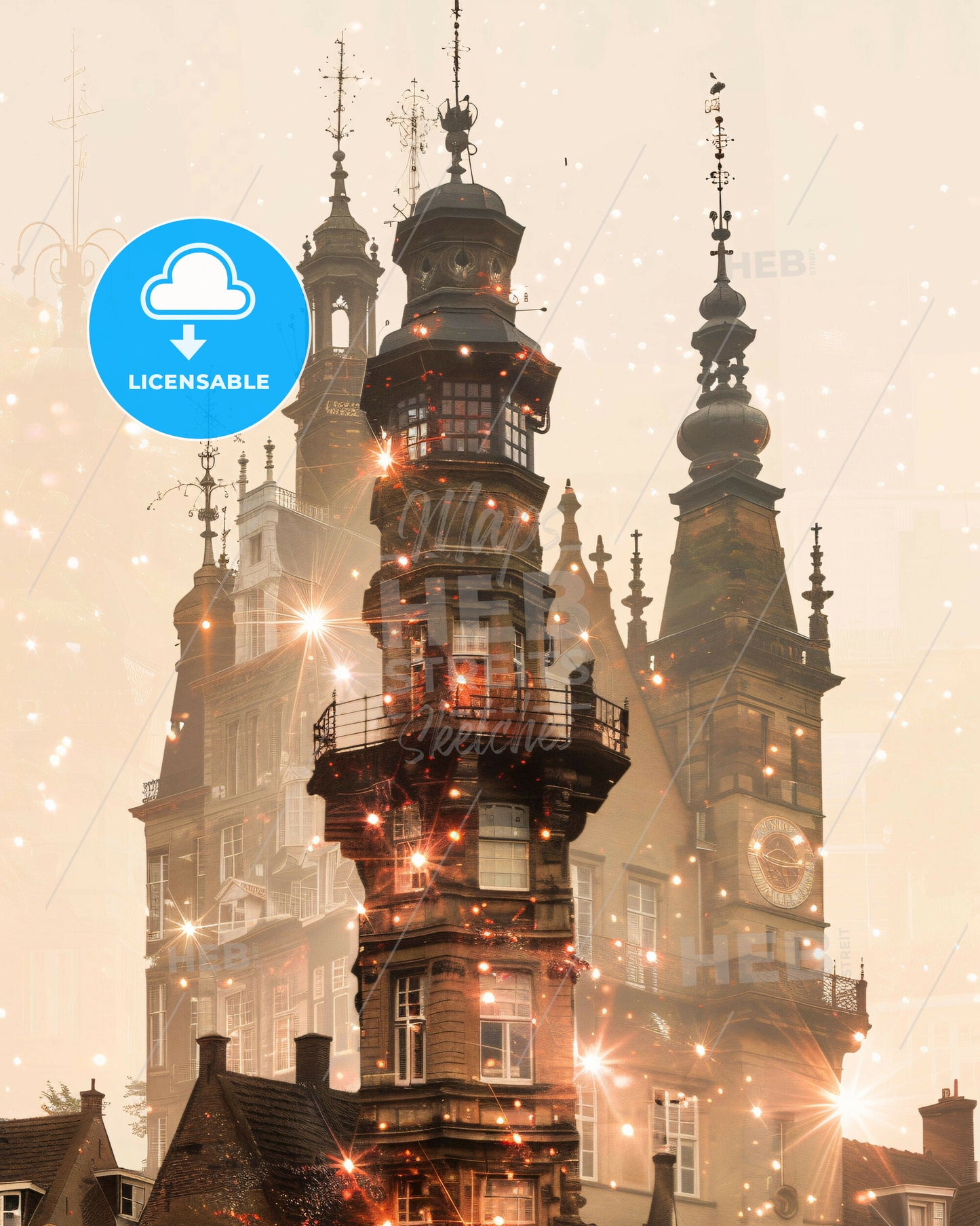 Maastricht City Skyline Double Exposure Art Poster - A building with towers and lights