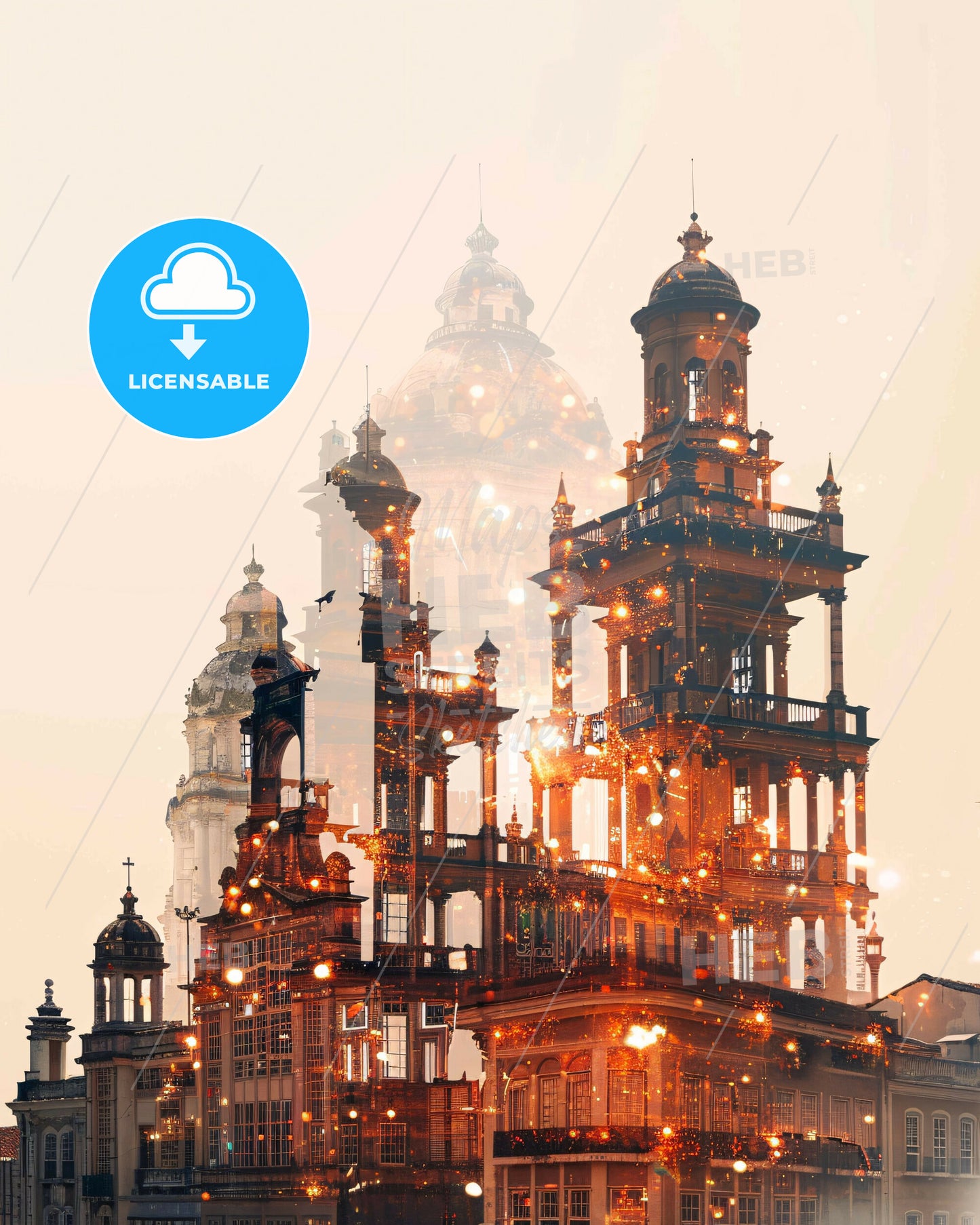 Maceio City Poster: Double Exposure Skyline Art - A building with many towers and a dome