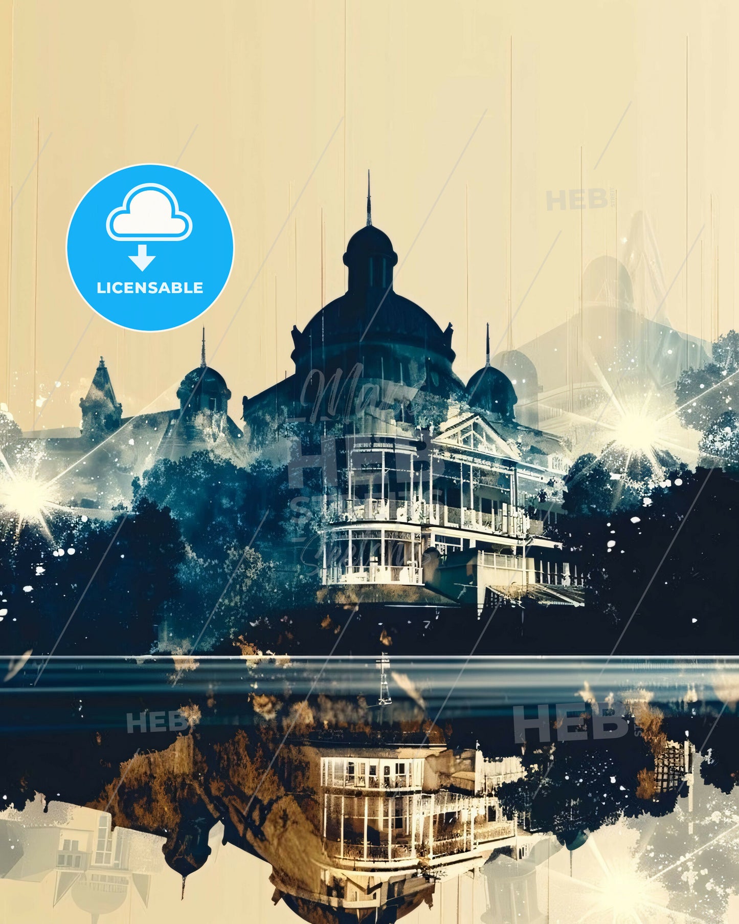 Mackay Skyline Double Exposure Art Print - A building with a large dome and trees