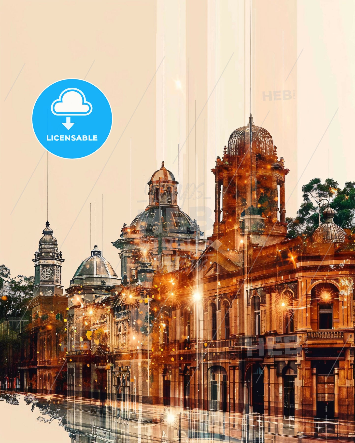 Mackay City Skyline Art Deco Brightness - A building with many towers and a street with trees