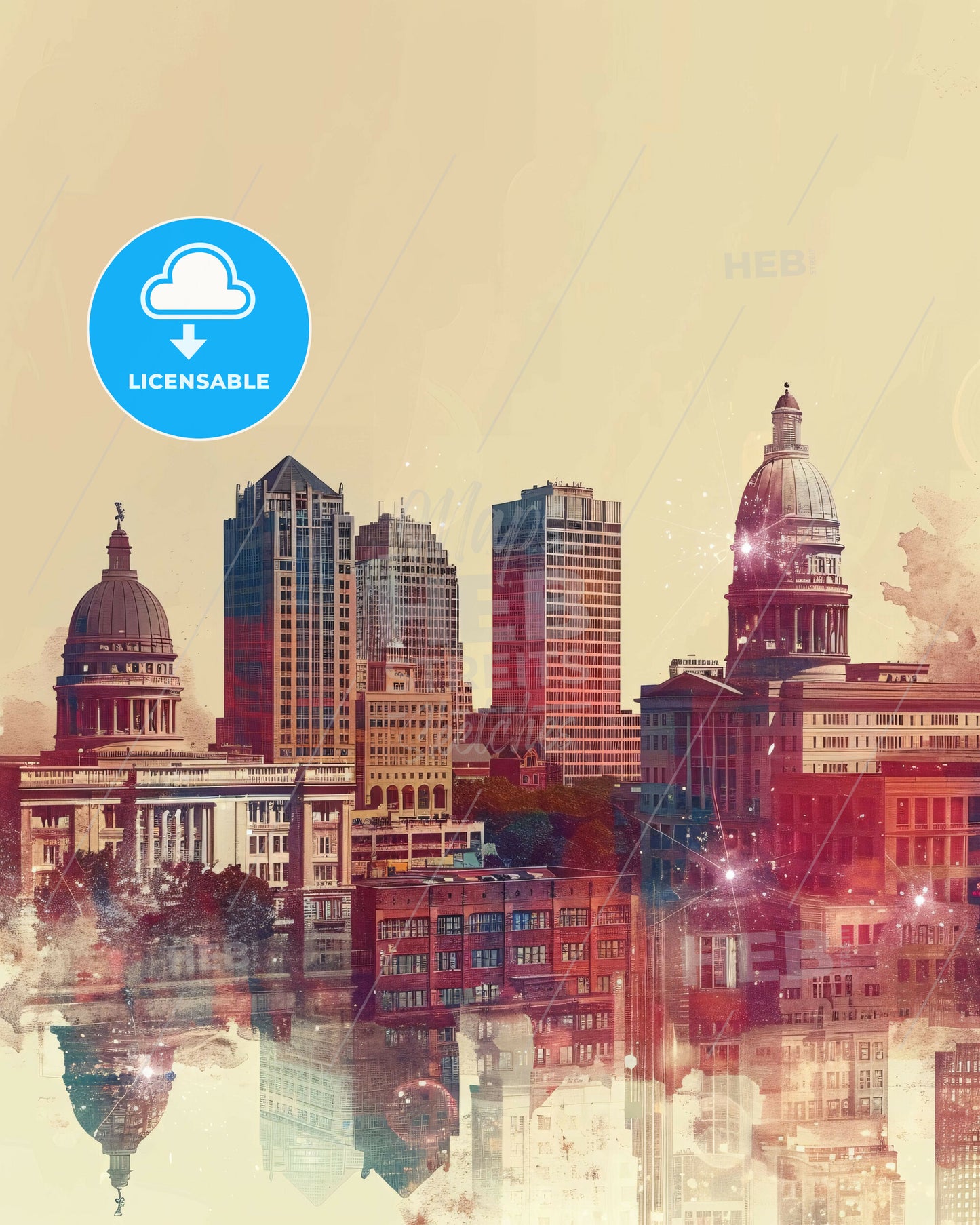 Madison Cityscape Art: Skyline Sparks in Beige - A city skyline with buildings and a body of water