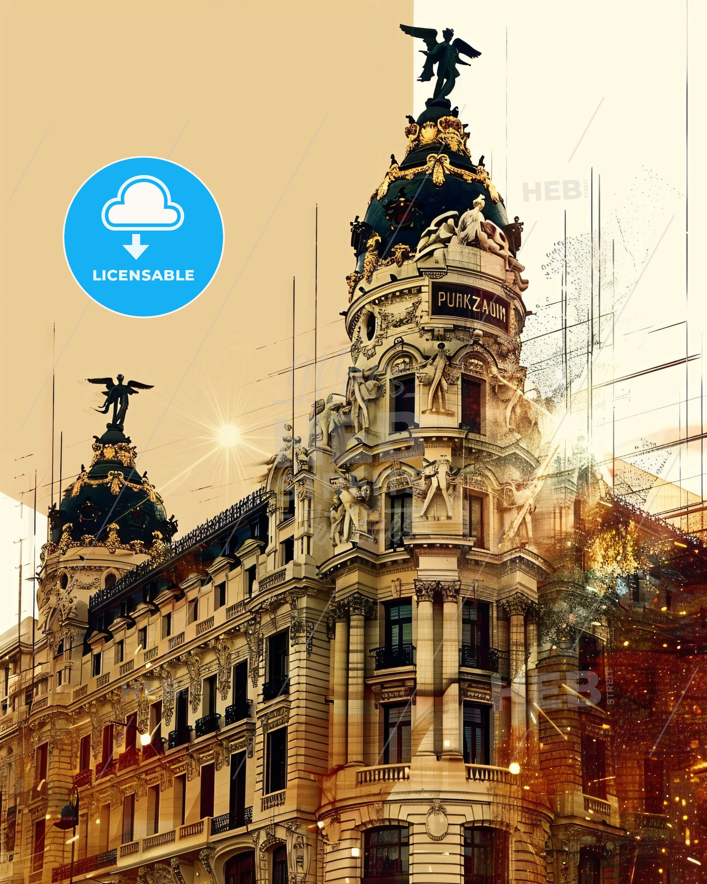 Madrid: Double Exposure City Art Poster - A building with a statue on top
