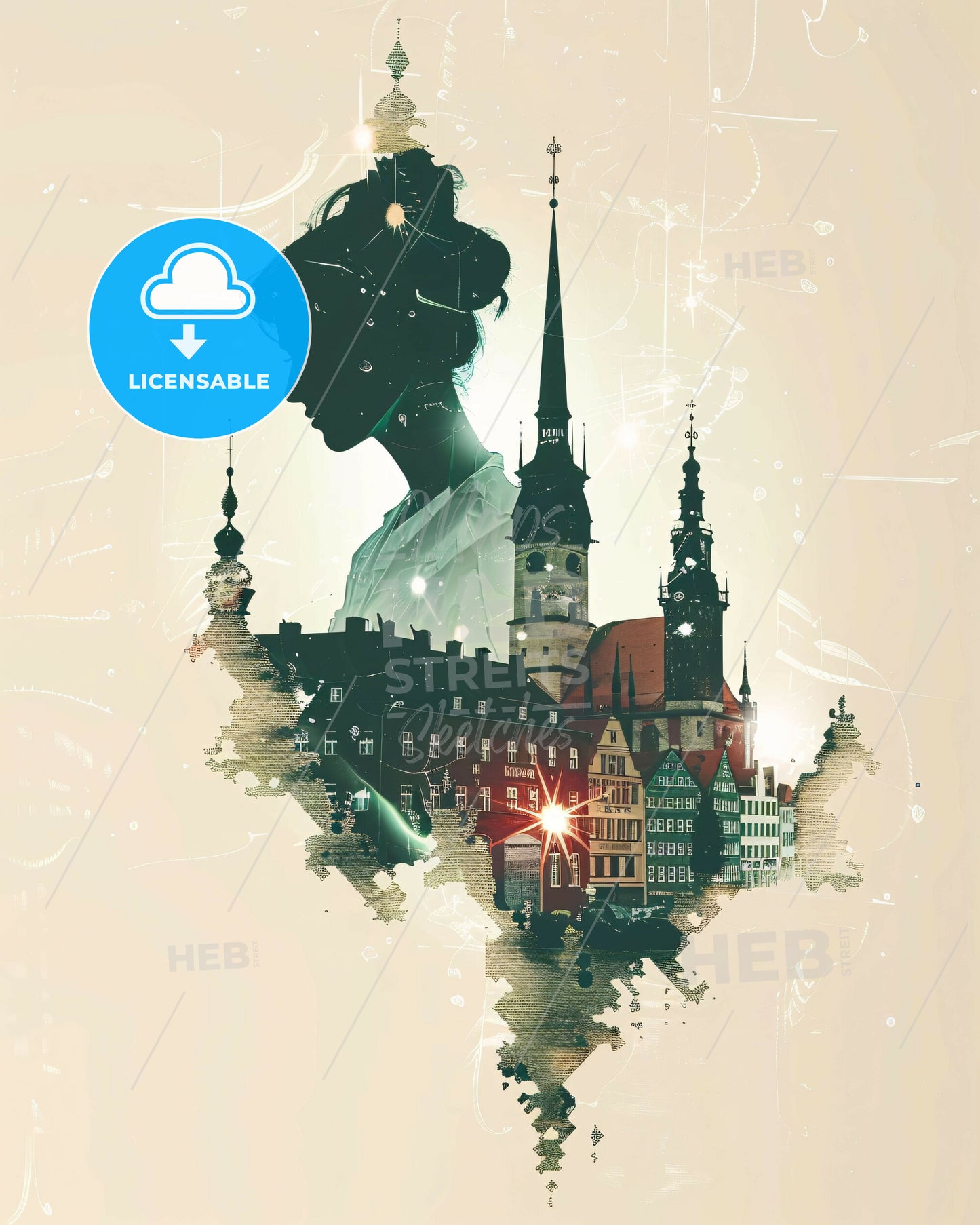 Magdeburg City Skyline Double Exposure Art Print - A woman in a white robe and a city