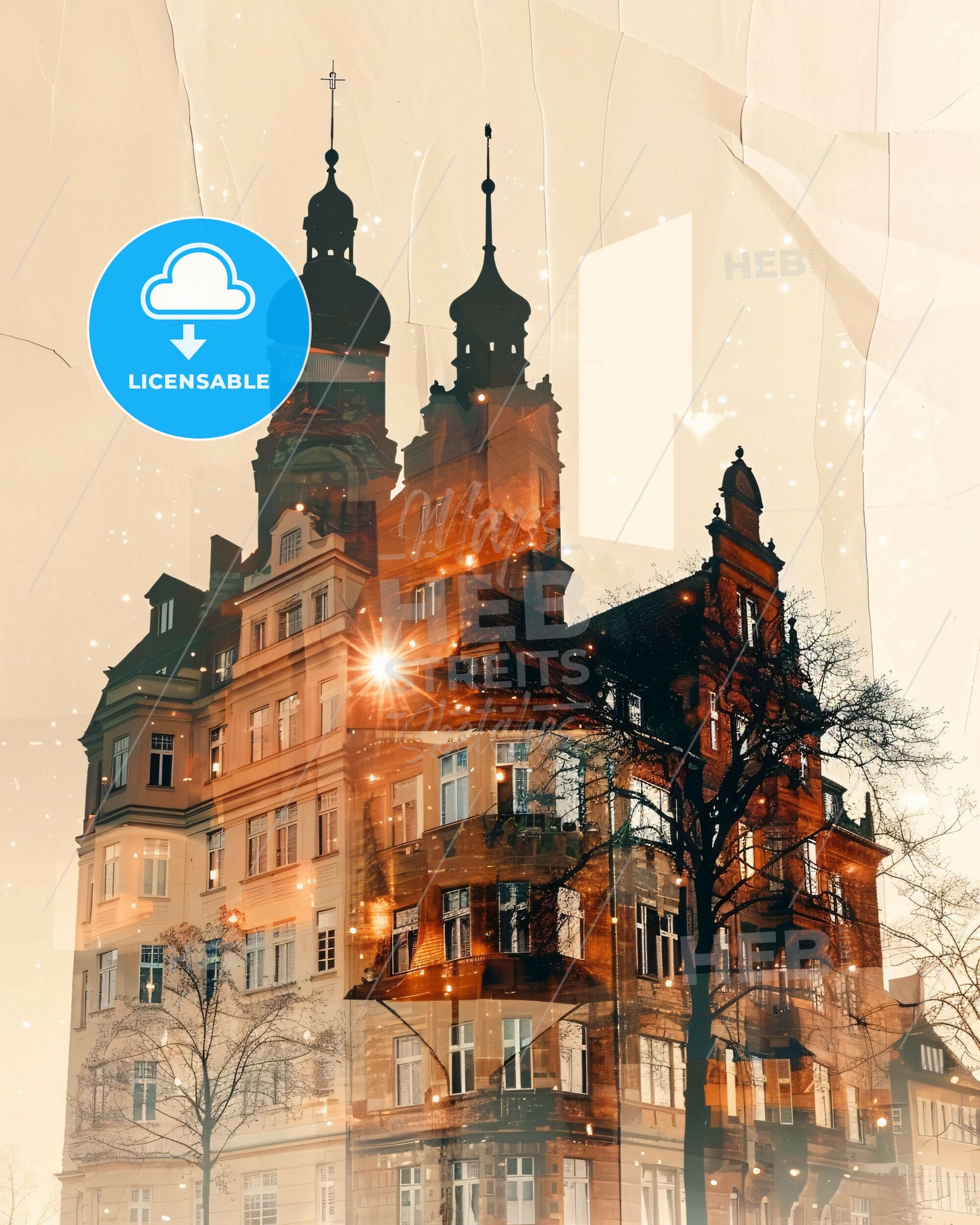 Magdeburg: Iconic Skyline Composite Art Poster - A building with a tower and a tree