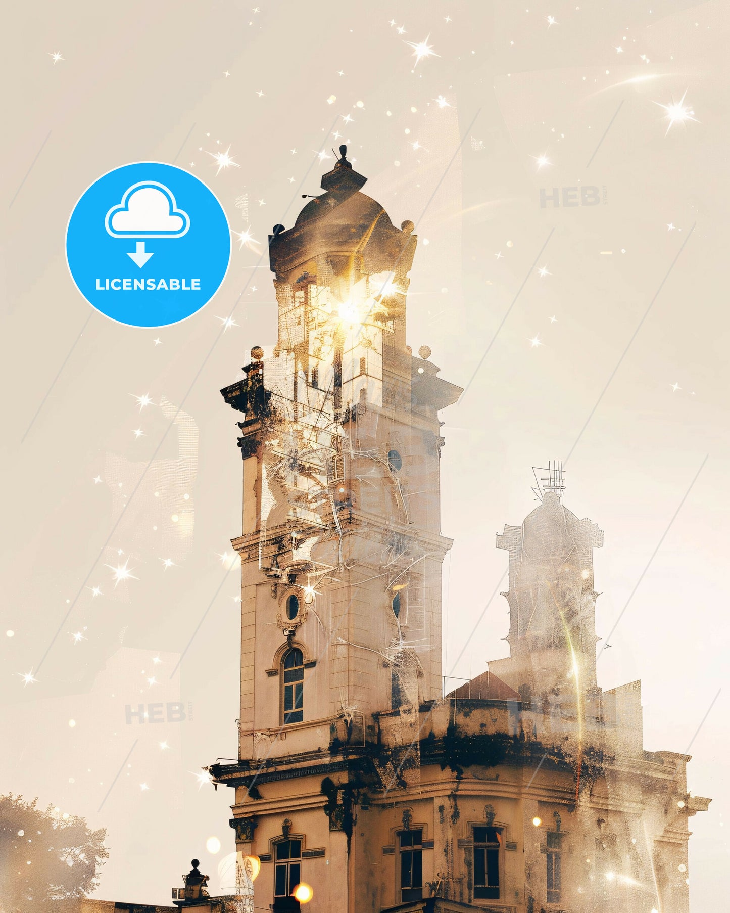 Maiduguri Skyline Night Sparkles Beige Poster - A tall building with a tower and a light shining through it