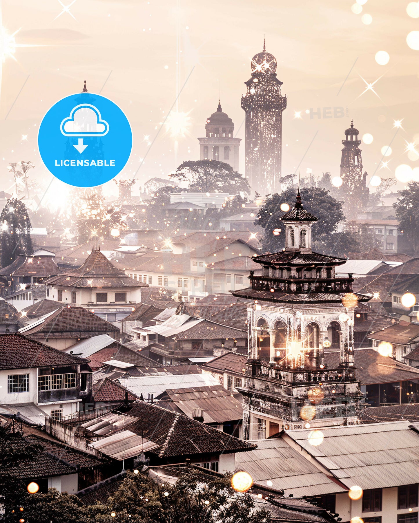 Malang, Indonesia double exposure art - A city with many buildings and lights