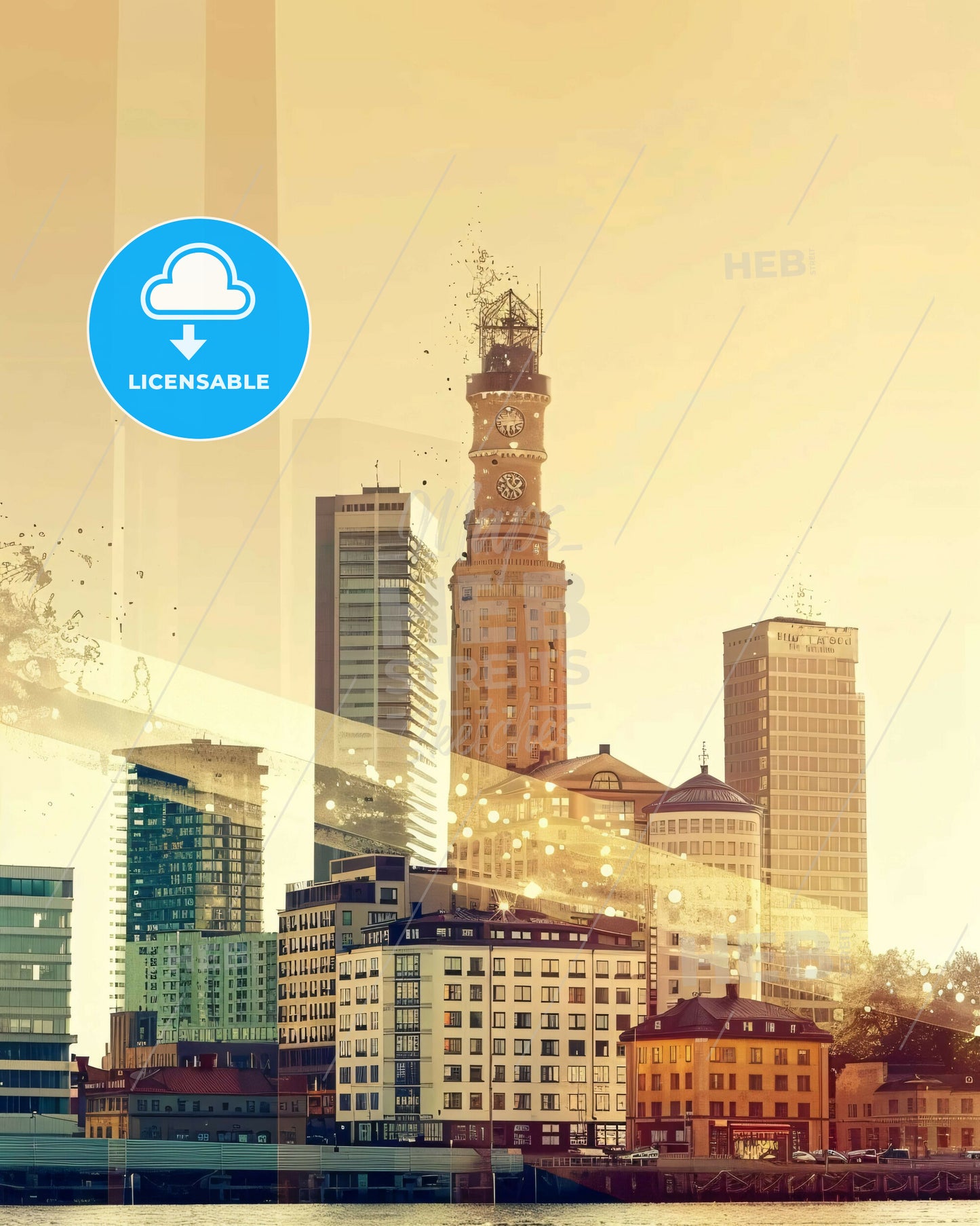 Malmö Skyline Double Exposure Poster - A city skyline with a clock tower