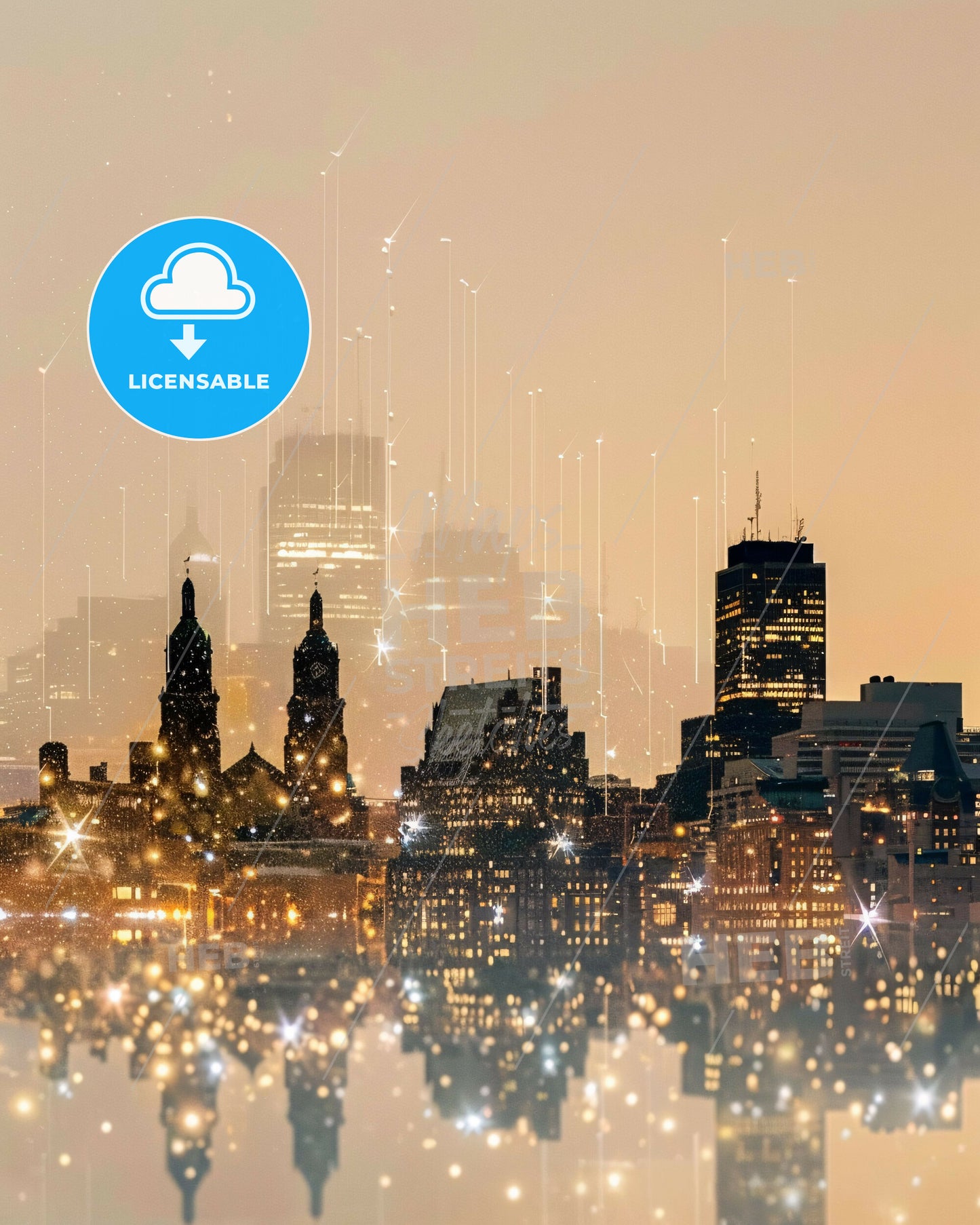 Manchester Symphony: City Skyline & Architectural Icons on Beige - A city skyline with lights and stars