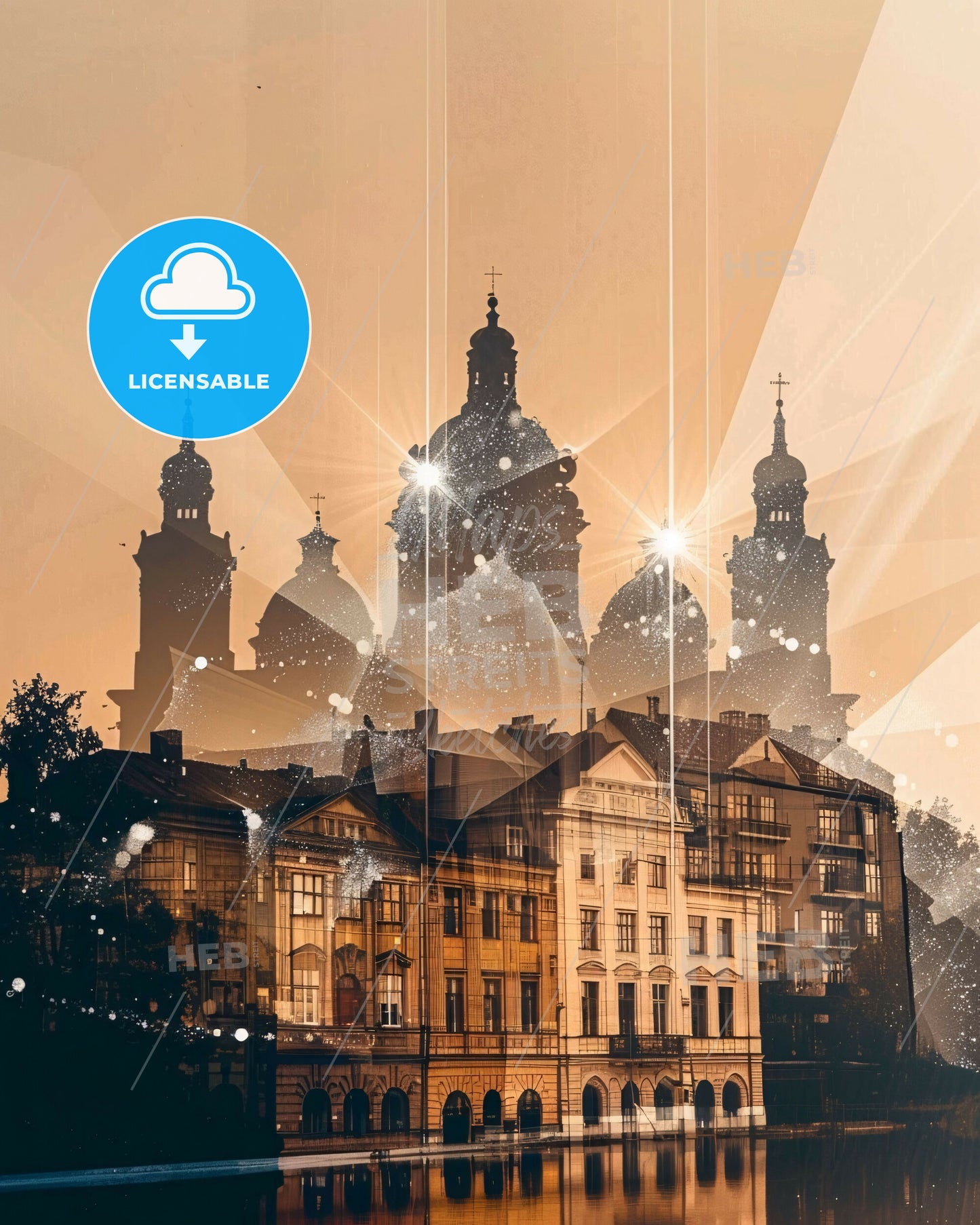 Marijampolė City Double Exposure Skyline Poster - A building with many towers and a light beam