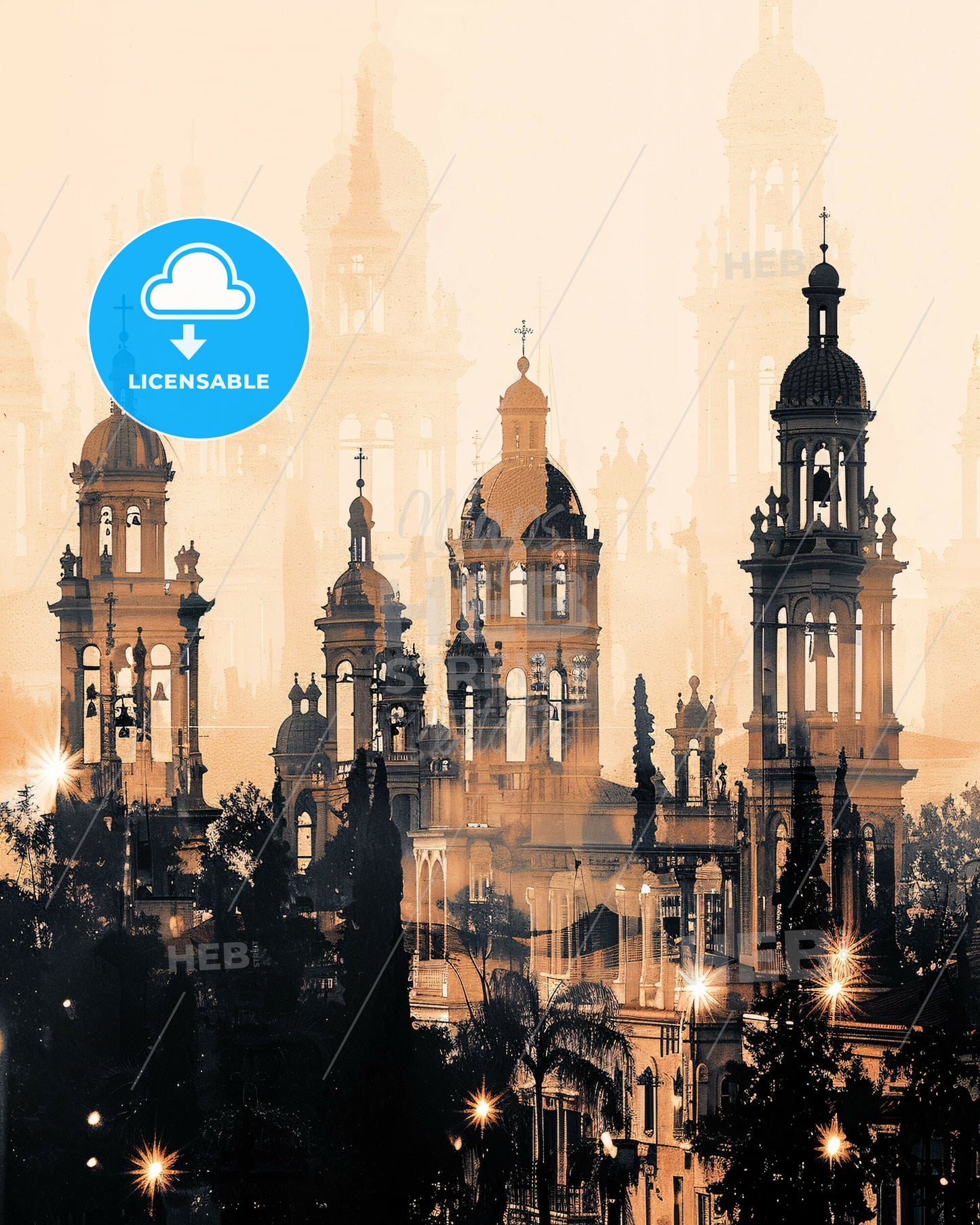 Marousi City Skyline Double Exposure Poster - A large building with towers and crosses
