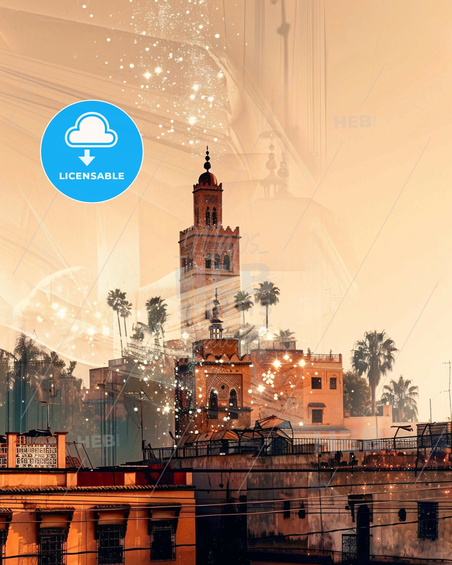 Marrakesh Skyline Double Exposure Sunset - A city with a tower and palm trees