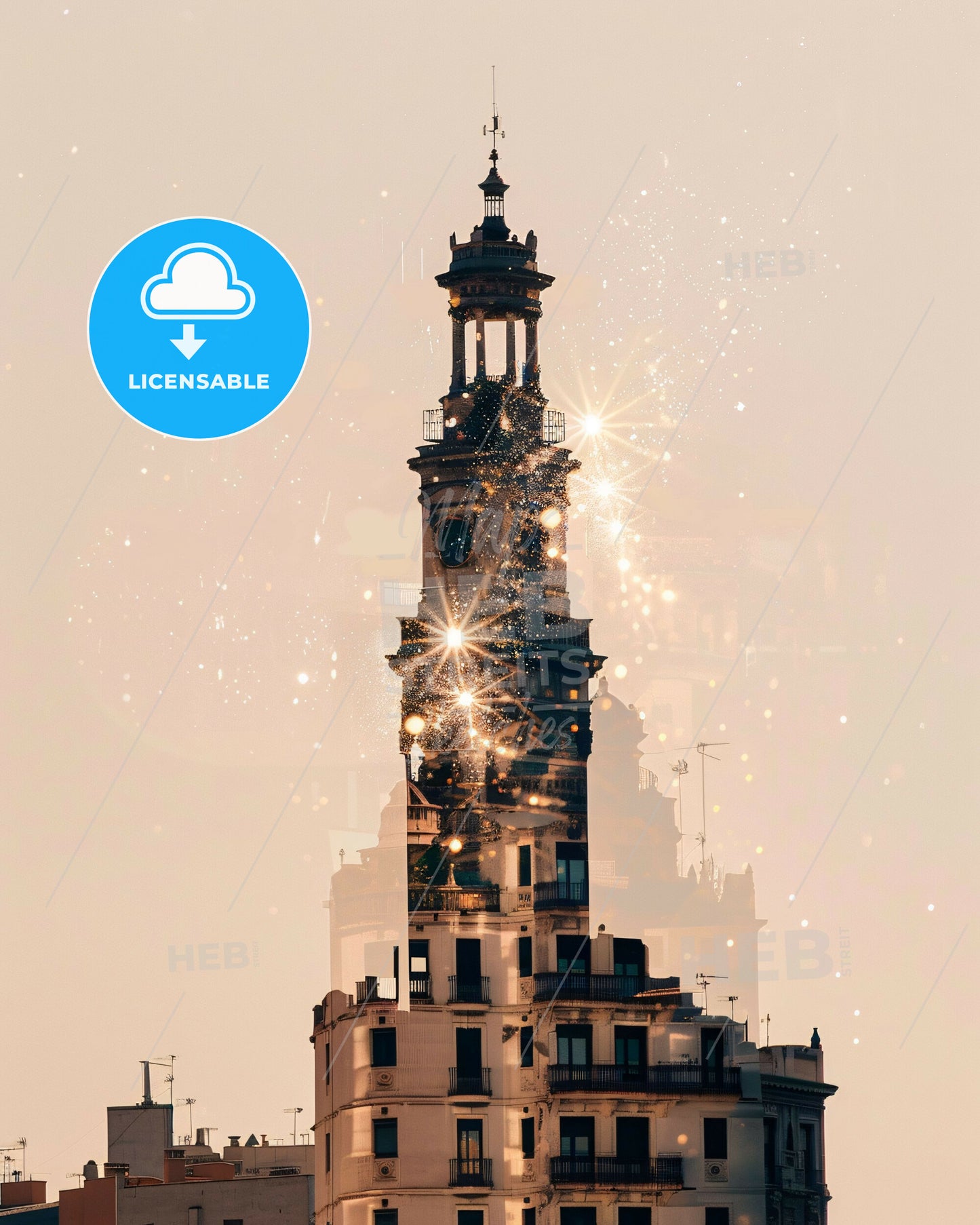 Mataró Skyline Iconic Composite Art Poster - A building with a tower and fireworks