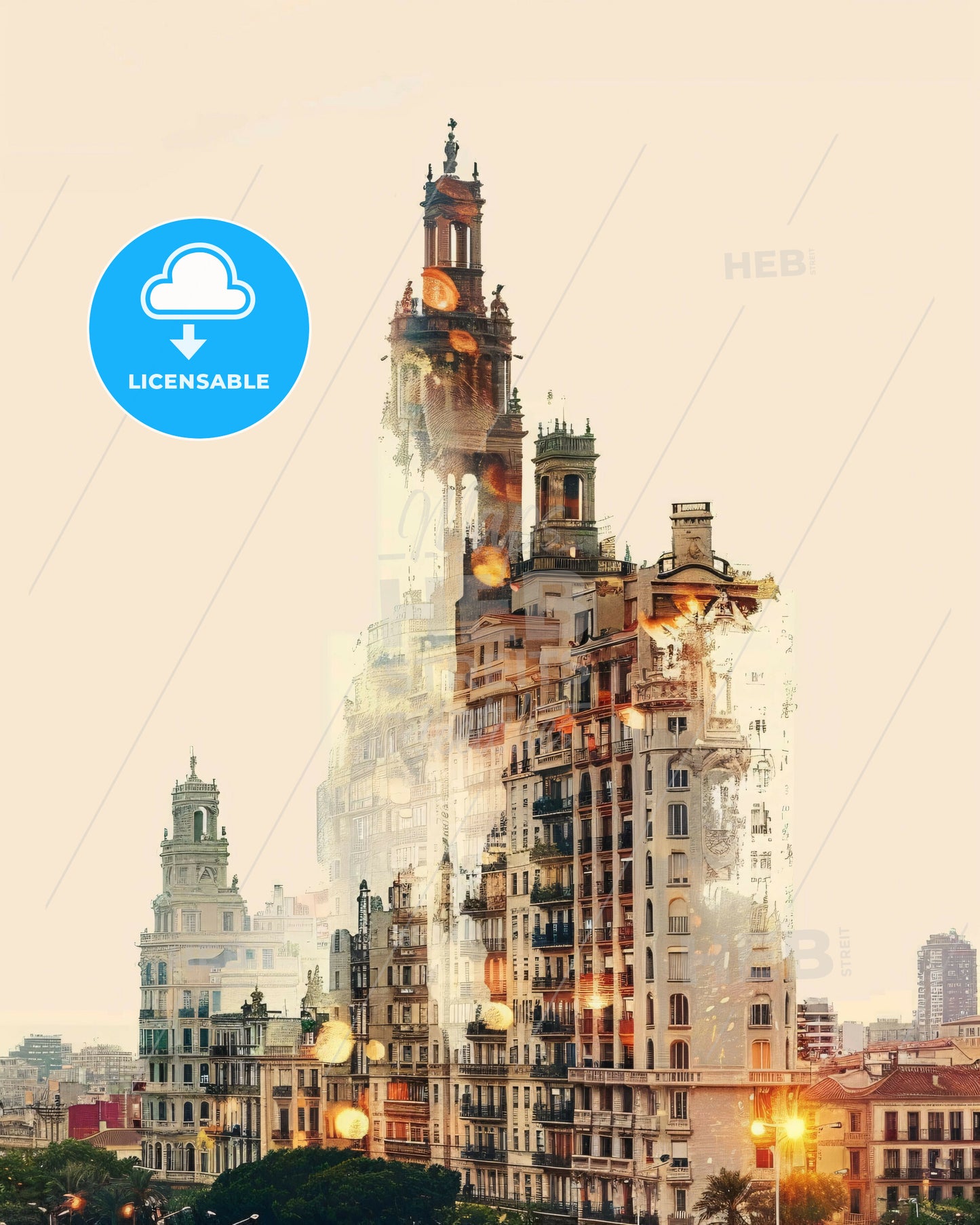 Mataró Cityscape: Iconic Architecture in Vibrant Art - A city skyline with a tall building