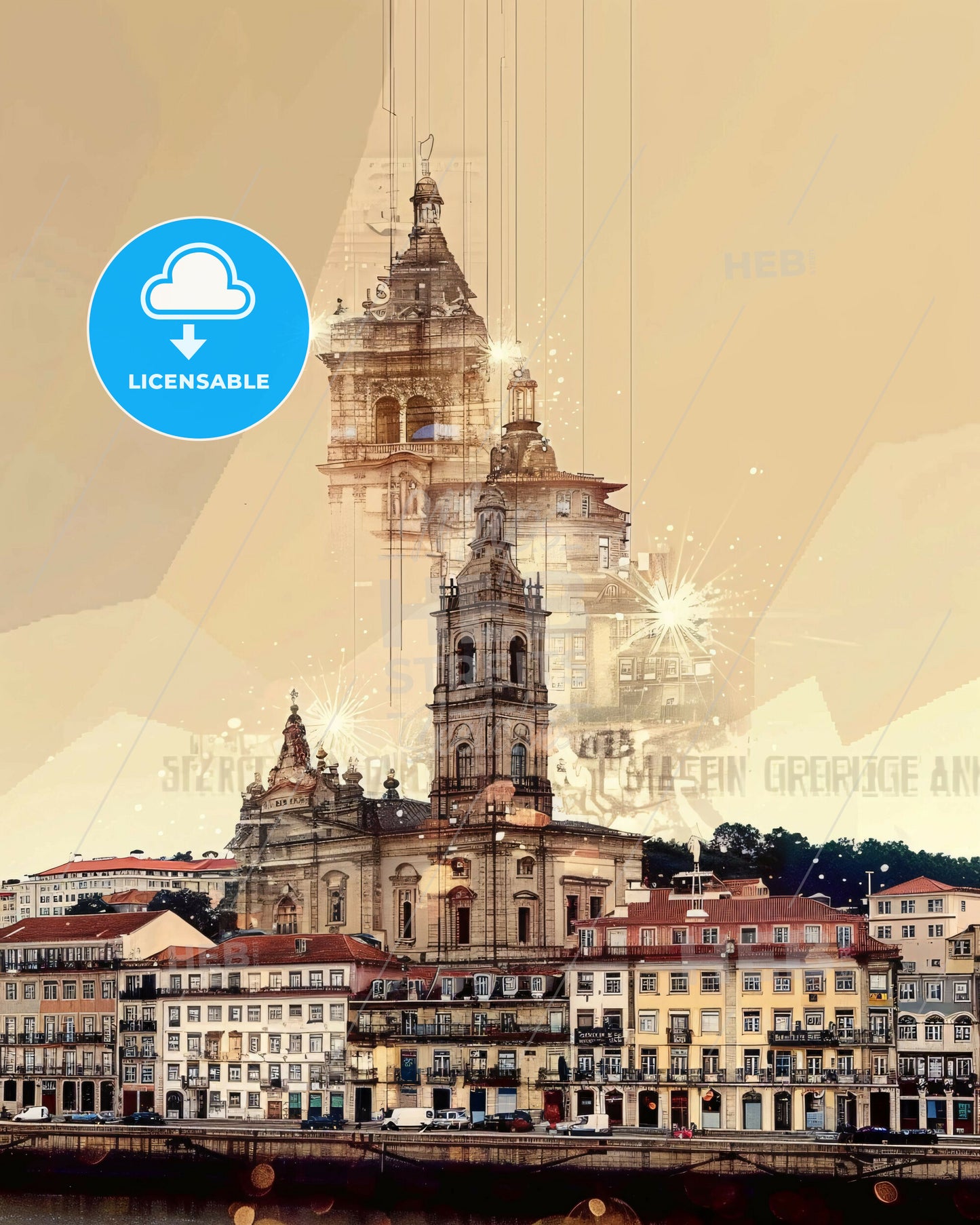 Matosinhos: Skyline Symphony in Beige - A city with a tower and buildings