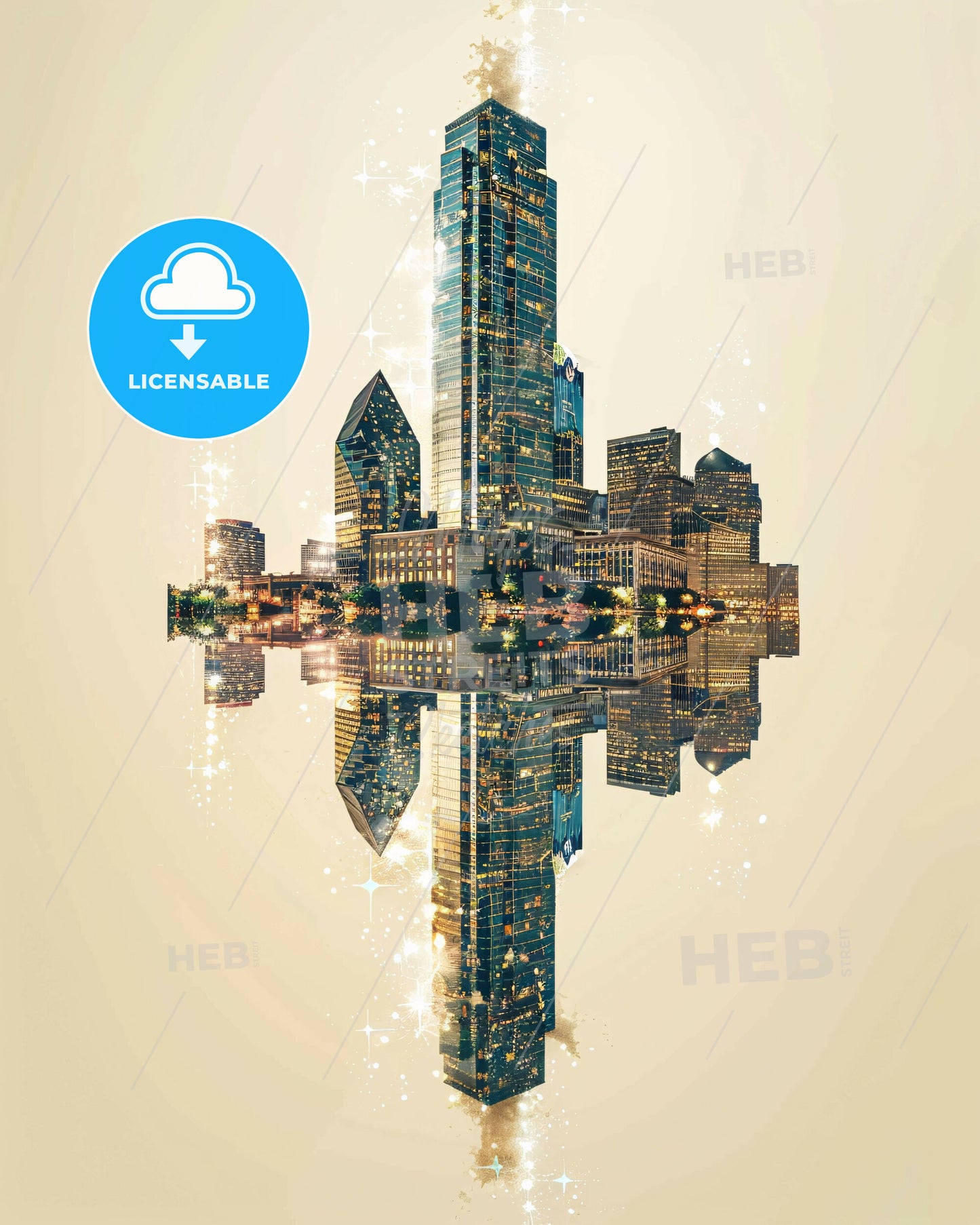 McKinney Texas: Double Exposure Art Skyline - A reflection of a city in water