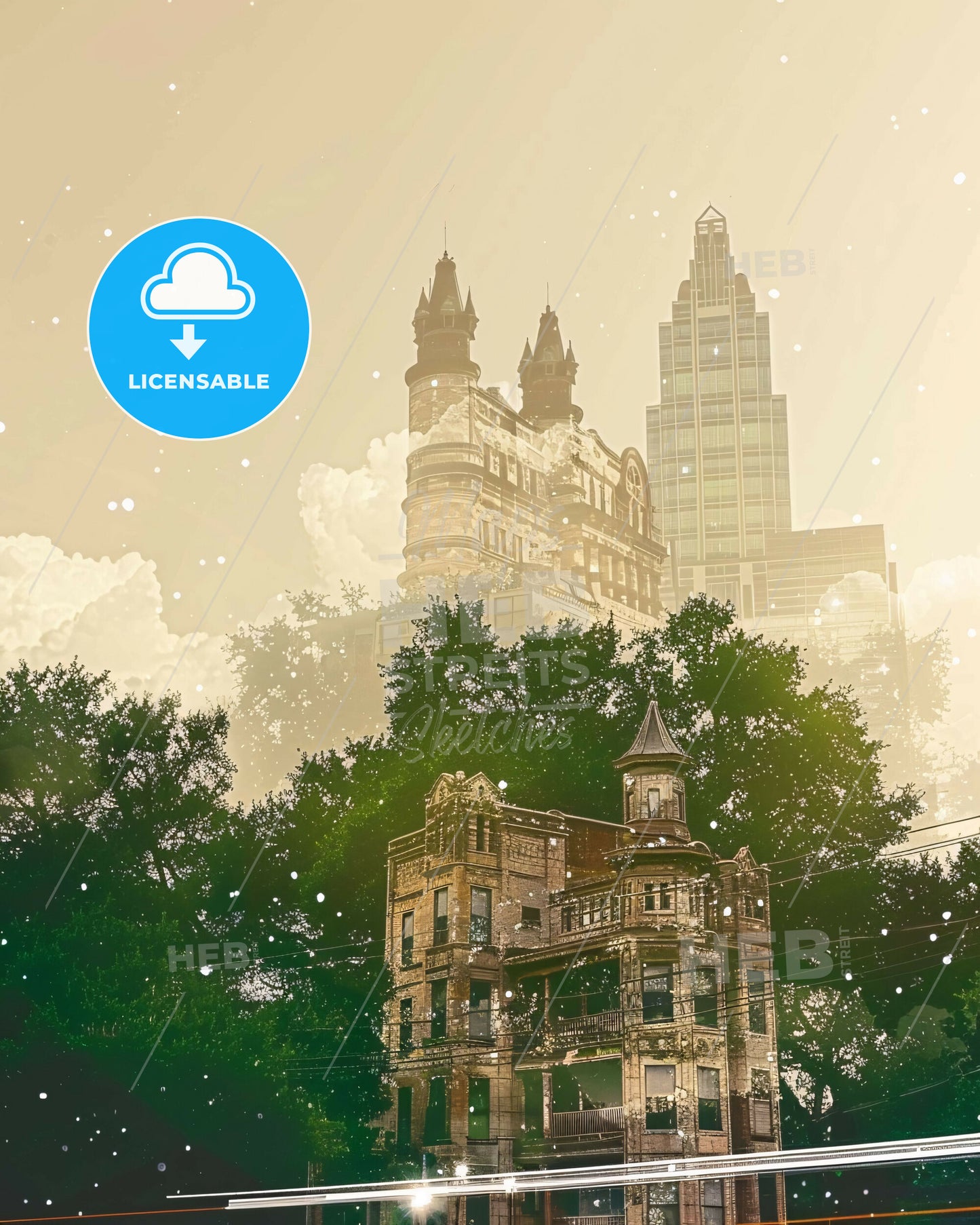 McKinney Skyline Double Exposure Cityscape Art Print - A building with trees and buildings in the background