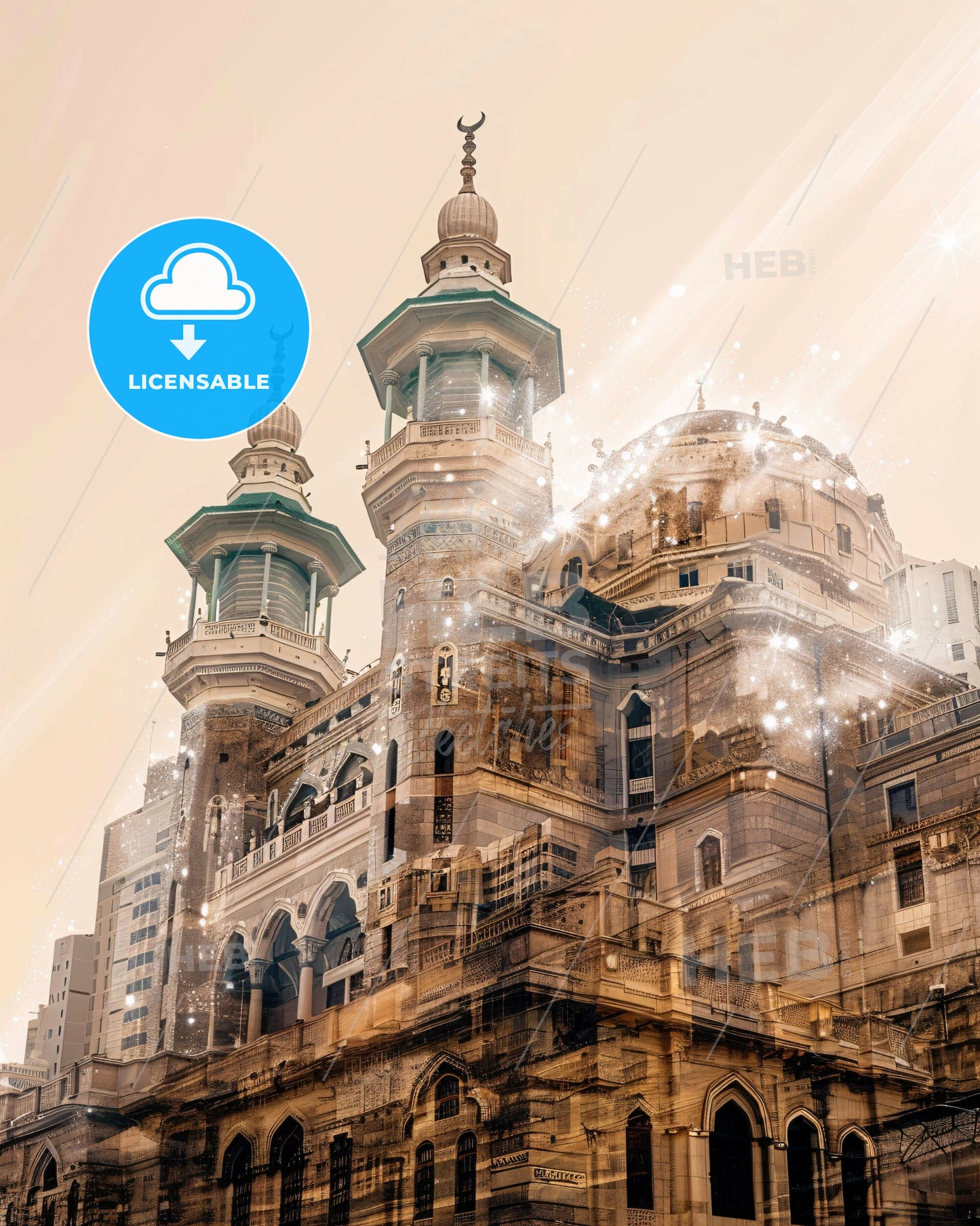 Mecca Skyline Double Exposure Art Poster - A large building with towers and a moon on top