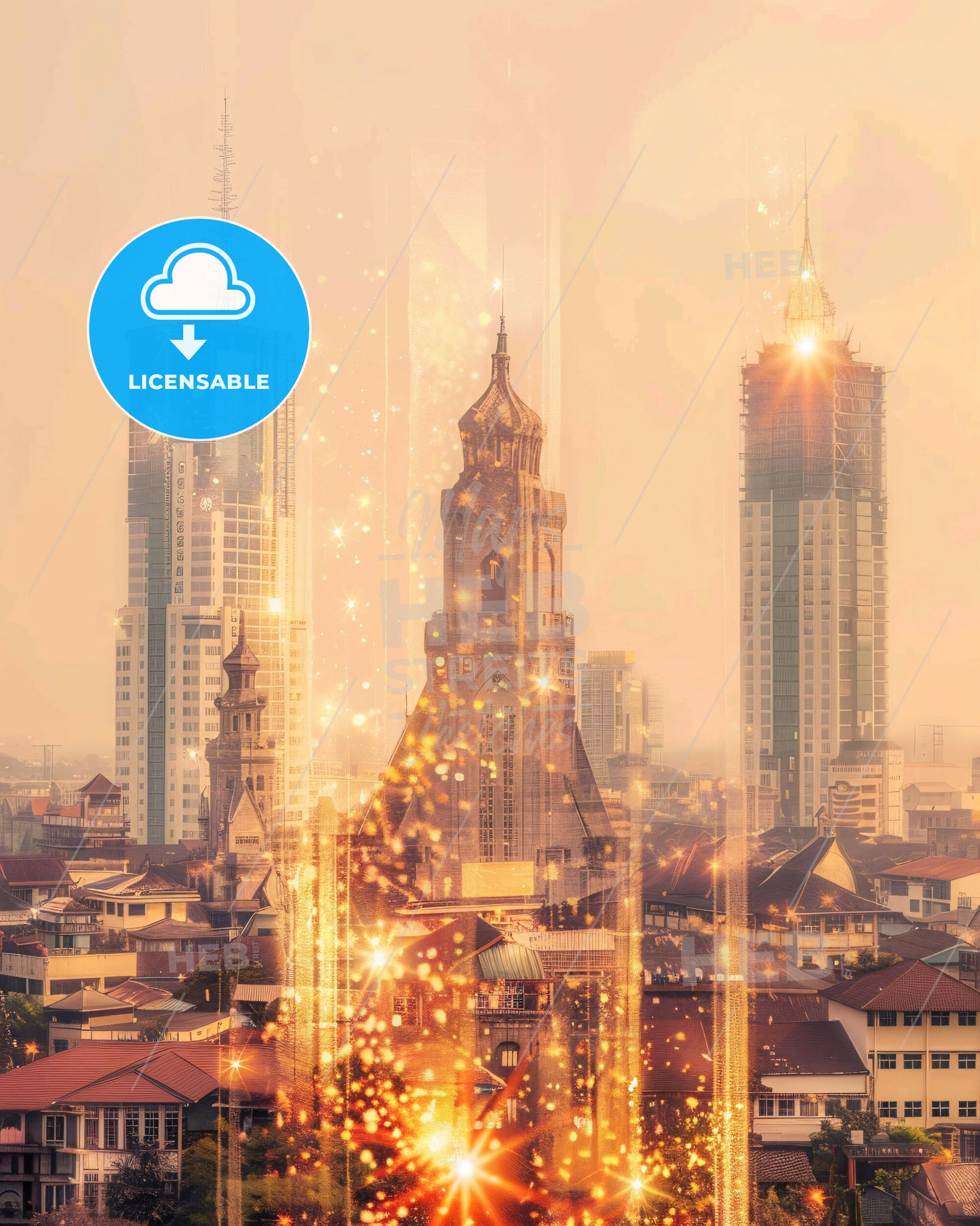 Medan Skyline Composite Poster Art - A city with tall buildings and a tower