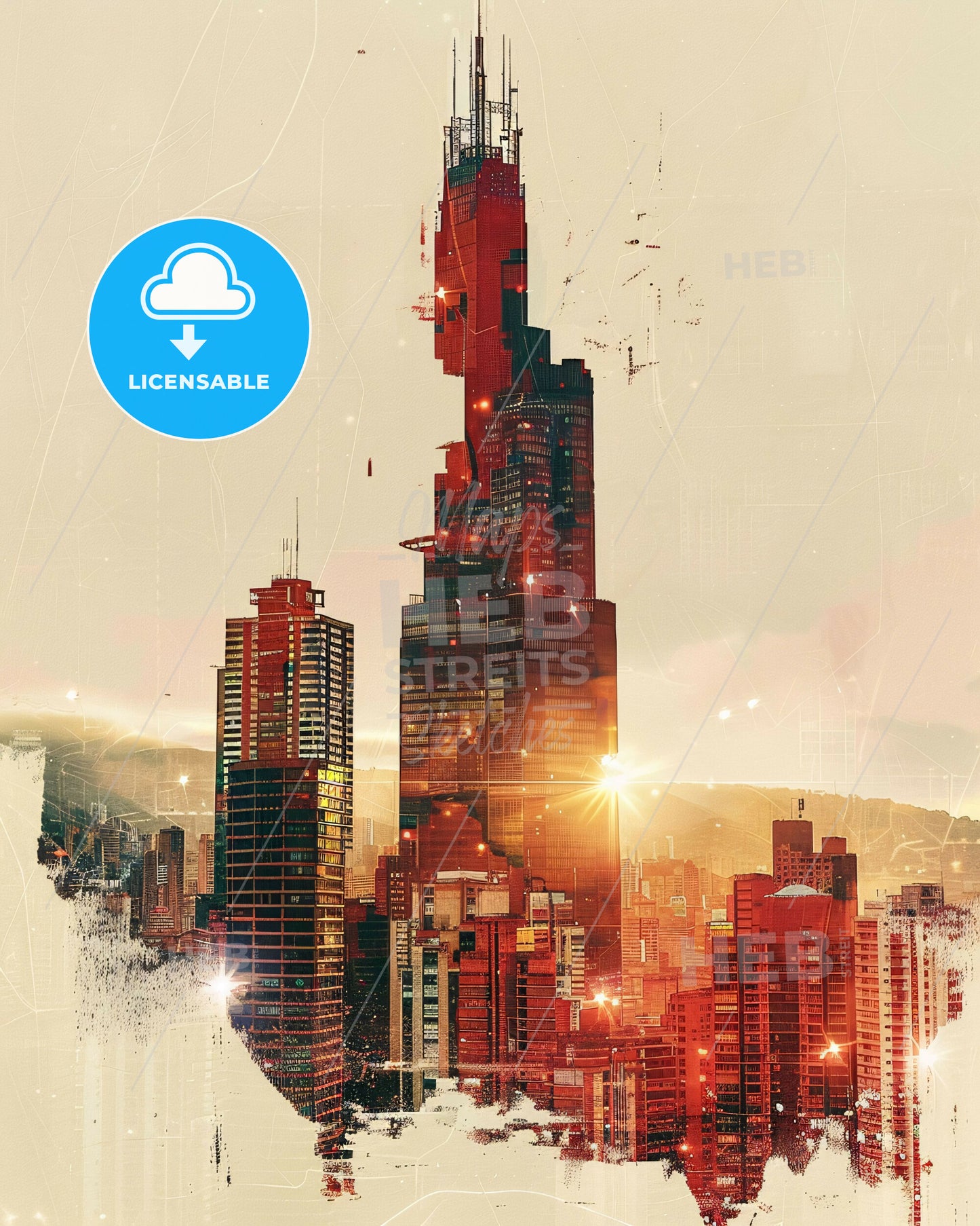 Medellin Urban Art Skyline Poster - A city skyline with a tall tower