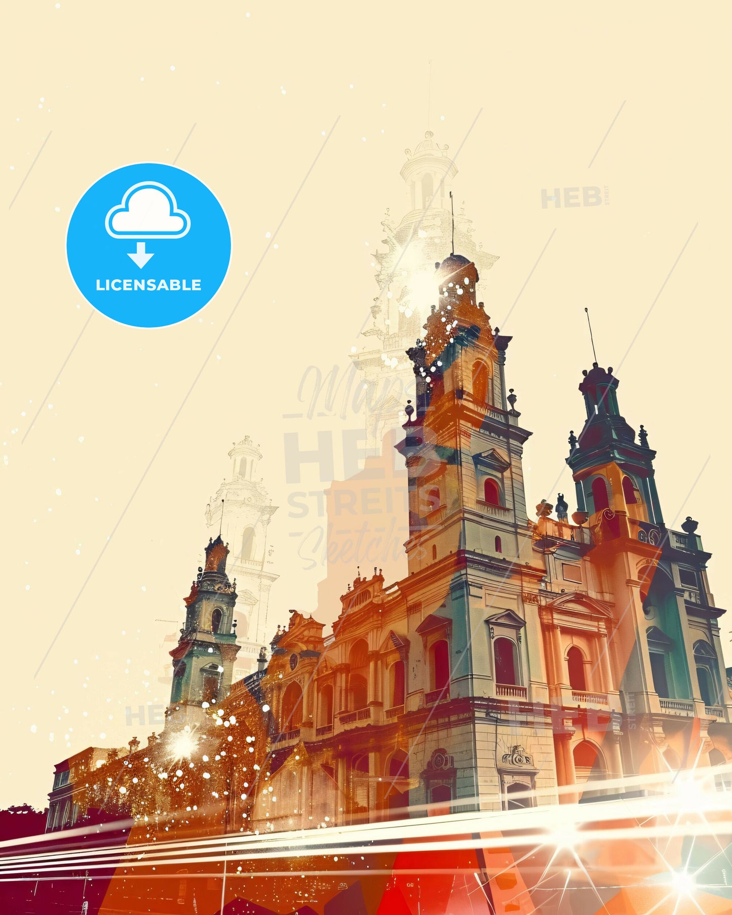 Merida Skyline Double Exposure Art Cityscape - A building with towers and a light in the background