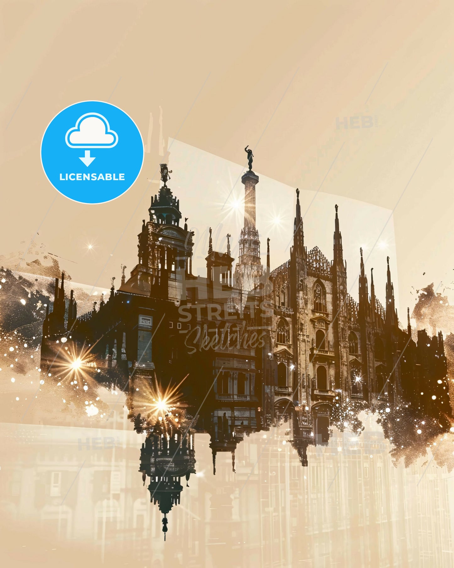 Milan City Icons in Silhouette Double Exposure - A building with a statue and a tower