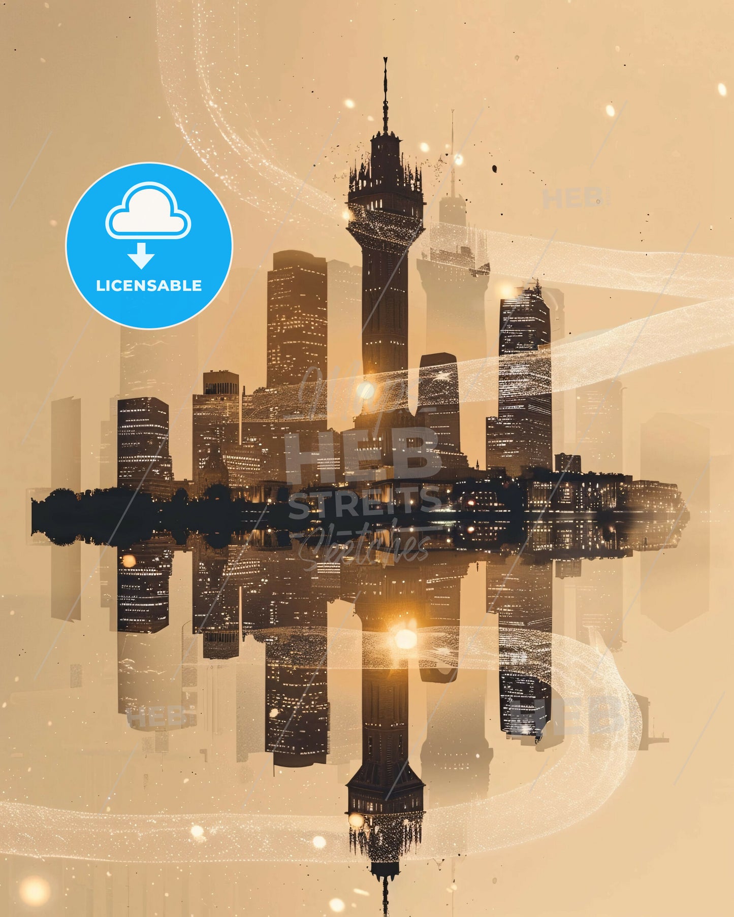 Milan Cityscape Composite Art with Glittering Sparkles - A city skyline with lights reflecting in water