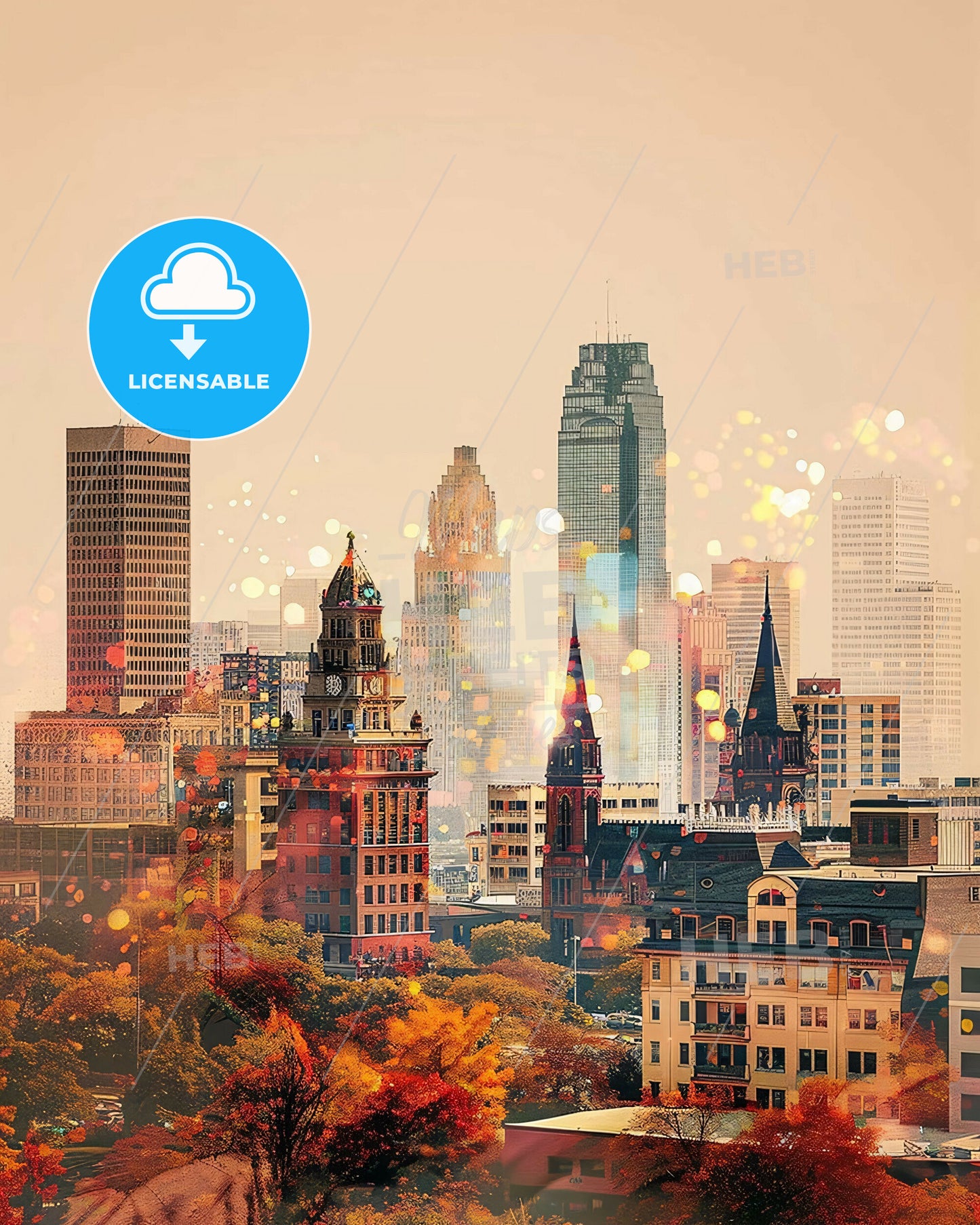 Milwaukee Skyline Composite Poster: Local Icons, Bright Beige - A city with tall buildings and trees