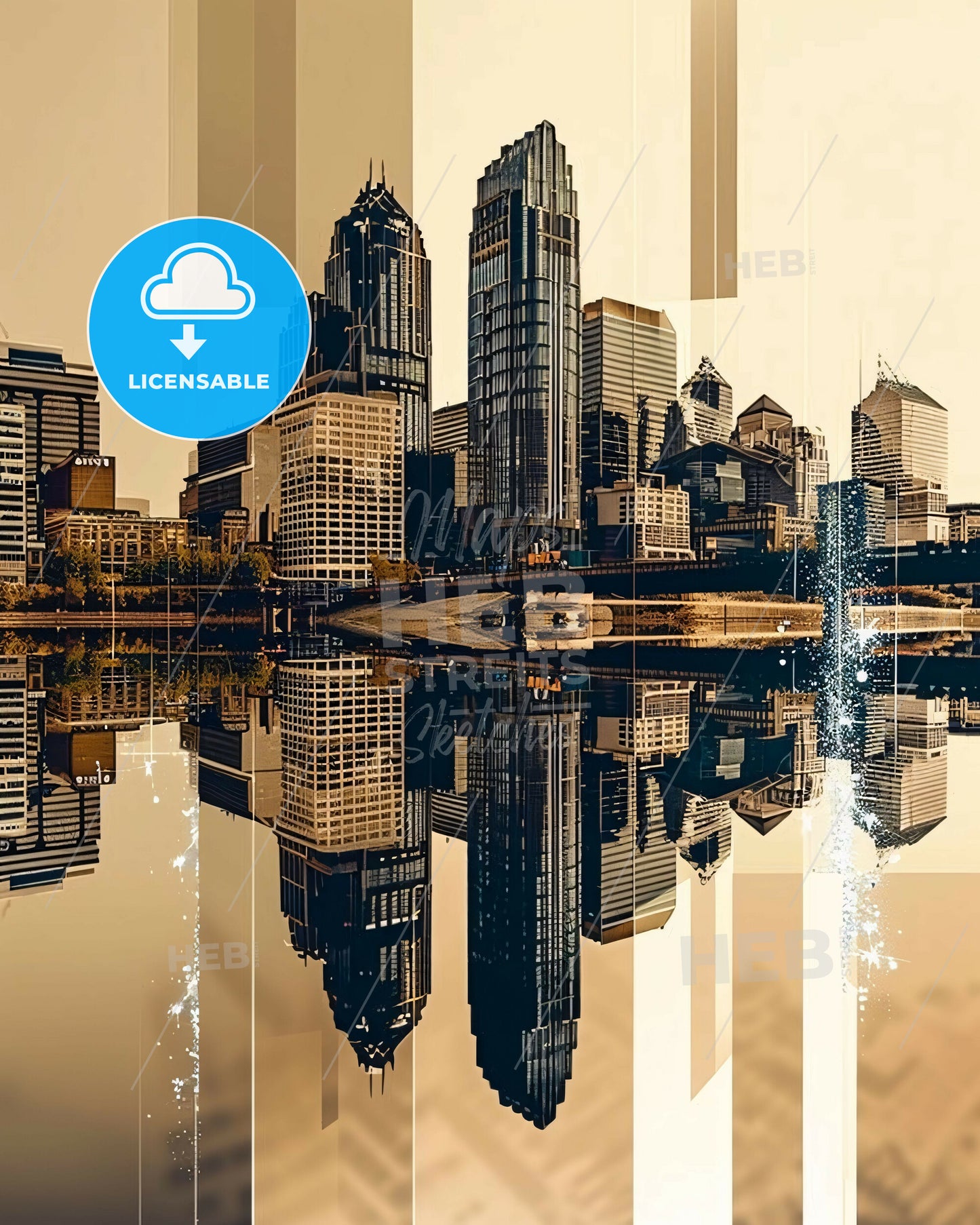 Minneapolis. Downtown Skyline by night. Bright beige background, sparkles. - A city with a bridge and water