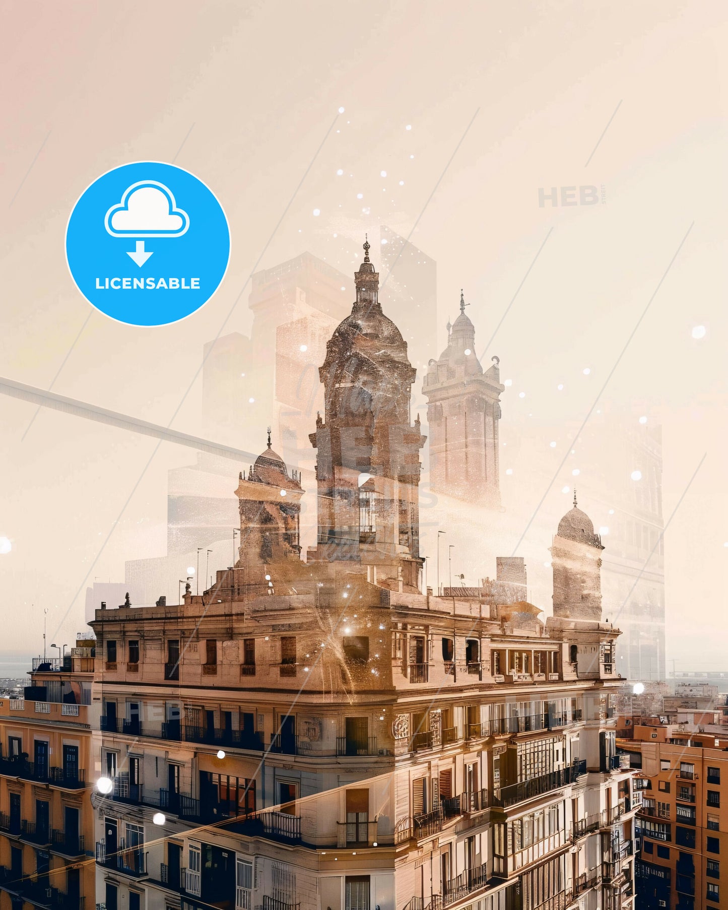 Málaga Skyline Double Exposure Composite Art Print - A building with towers and a city skyline