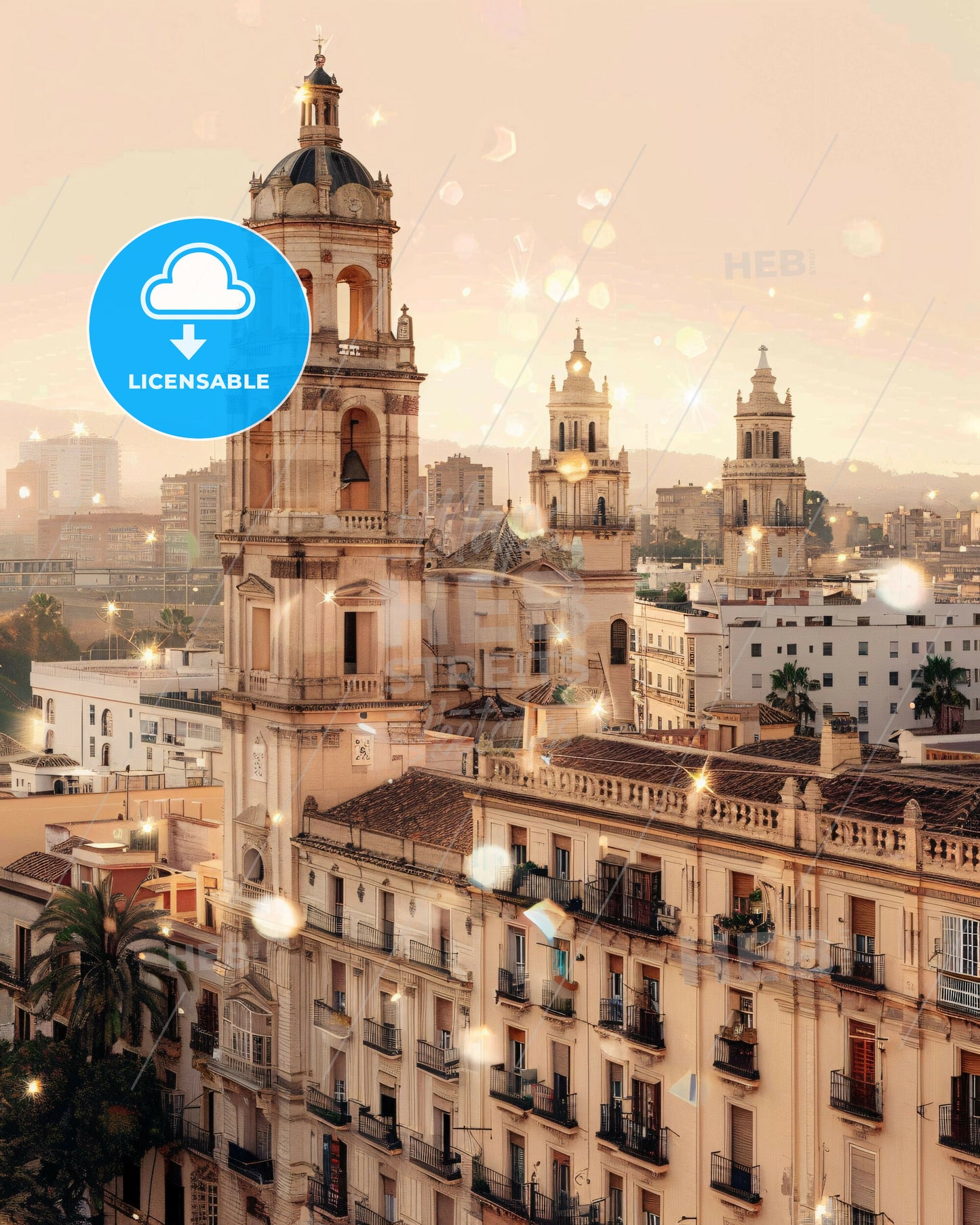 Málaga City Lights: Double Exposure Skyline - A large building with a bell tower