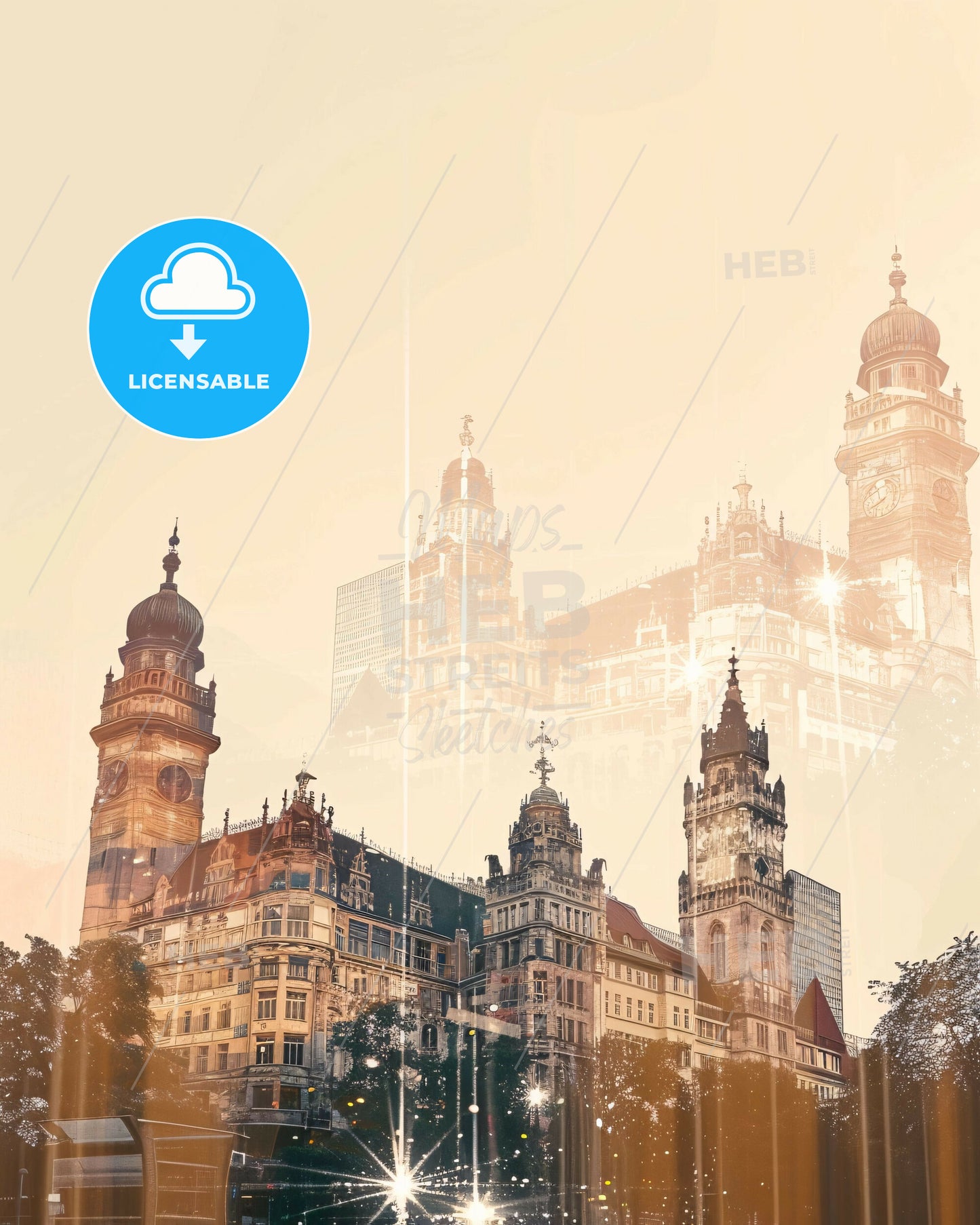 Munich Skyline Composite Art with Beige Paper Texture - A city with many towers and a clock tower