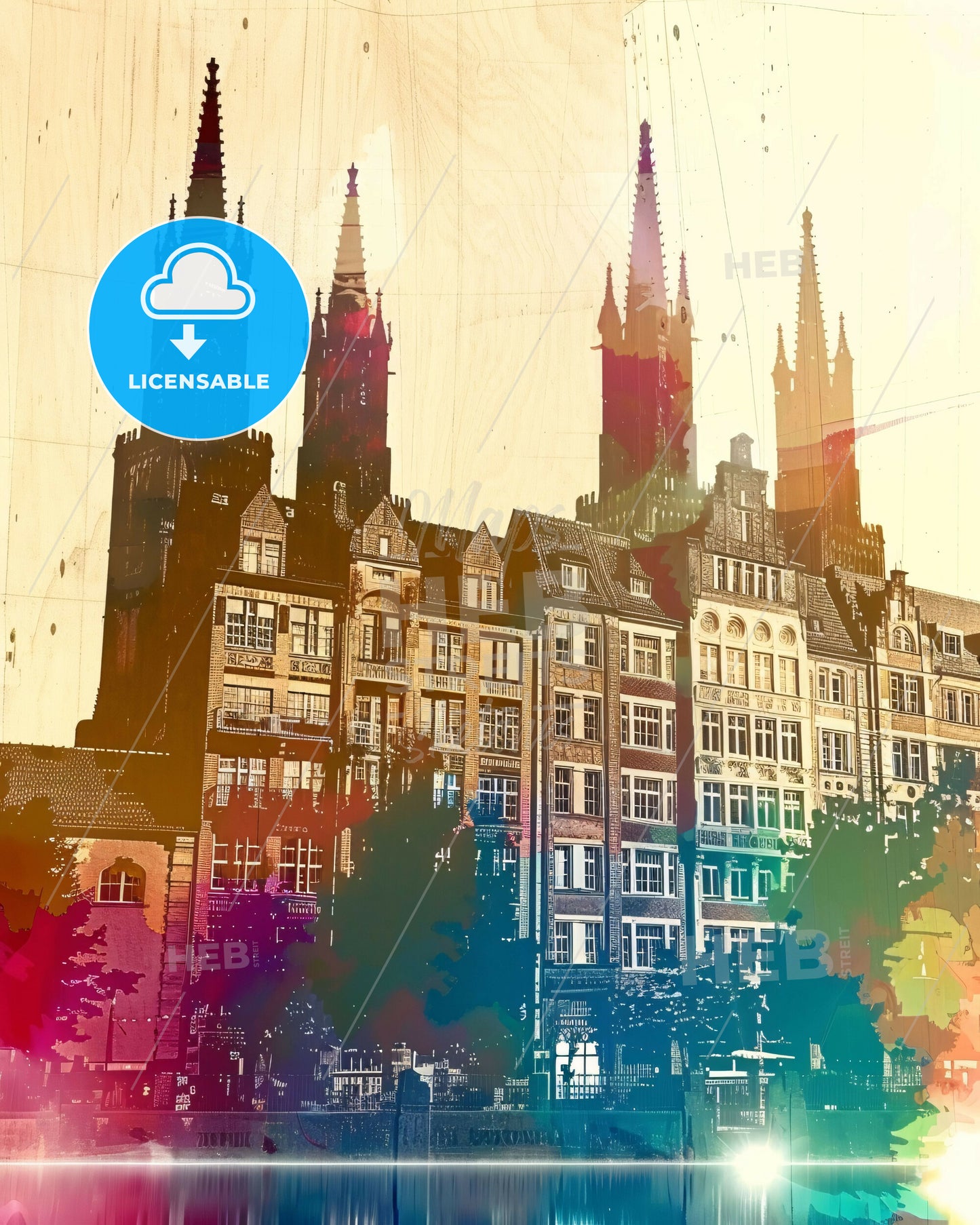 Münster Skyline Double Exposure Composite Art - A building with towers and a colorful background