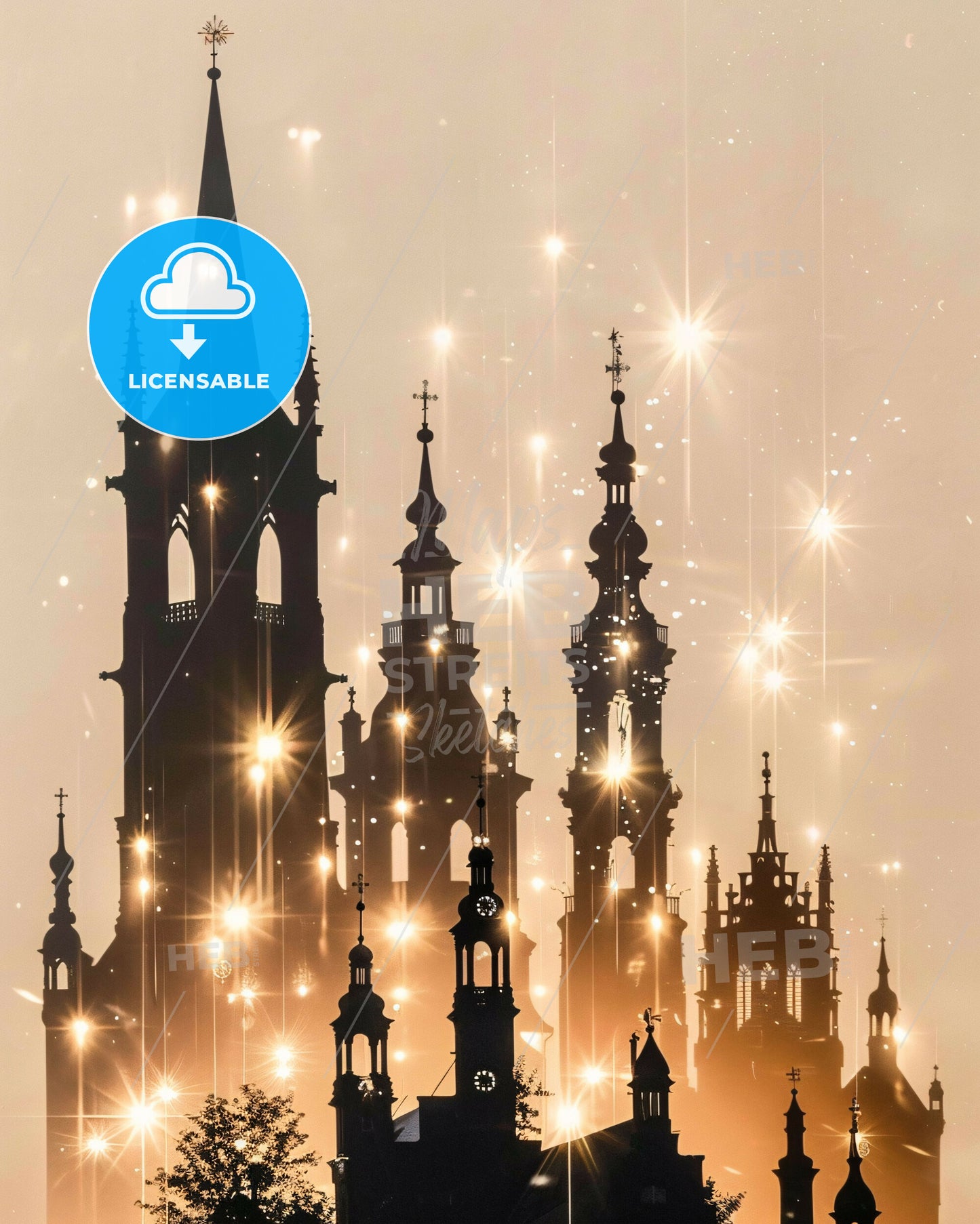 Münster Skyline Double Exposure Cityscape Silhouette Poster - A silhouette of a building with a tower and spires