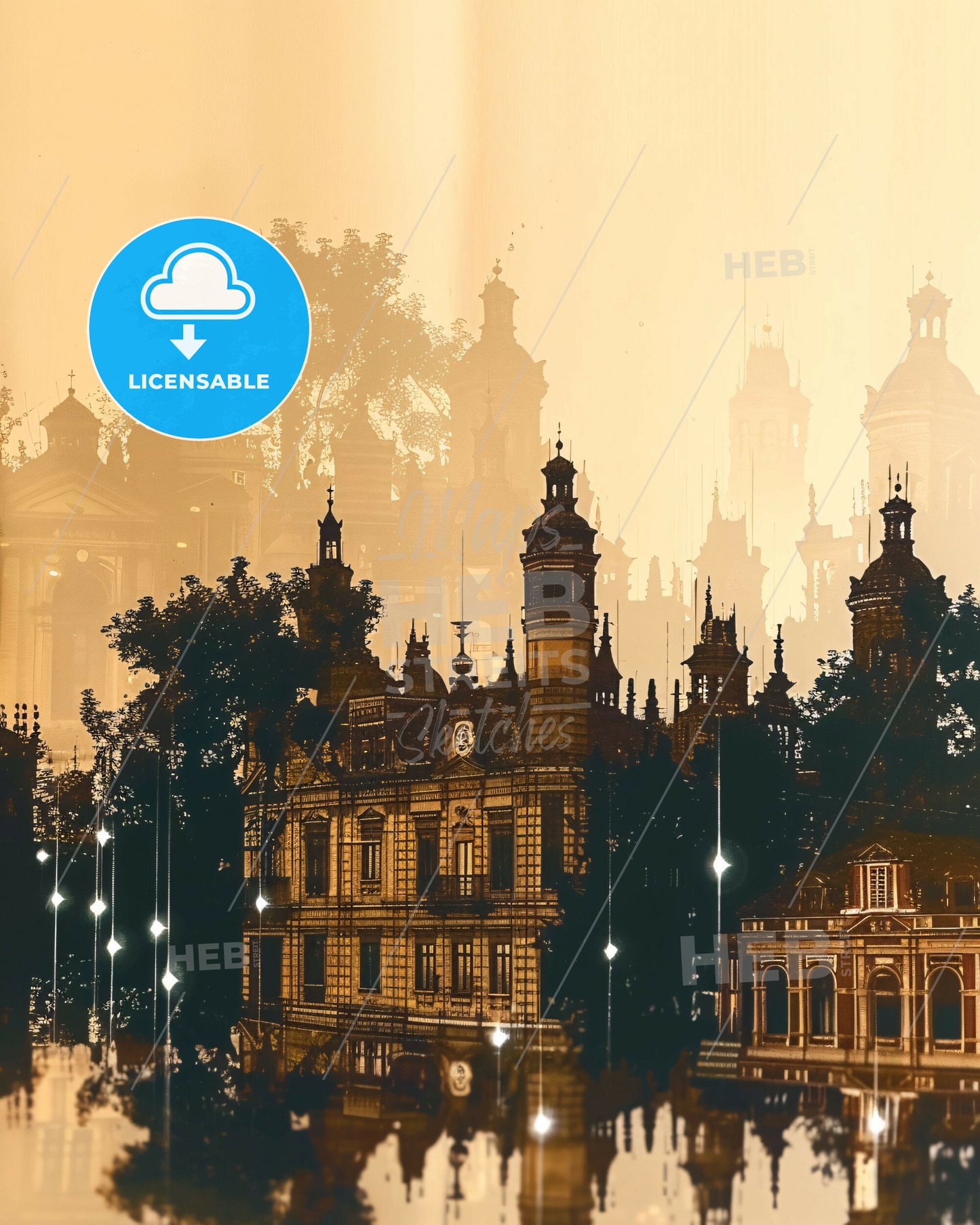 Modena Skyline Double Exposure Dreamy Poster Art - A building with many towers and trees