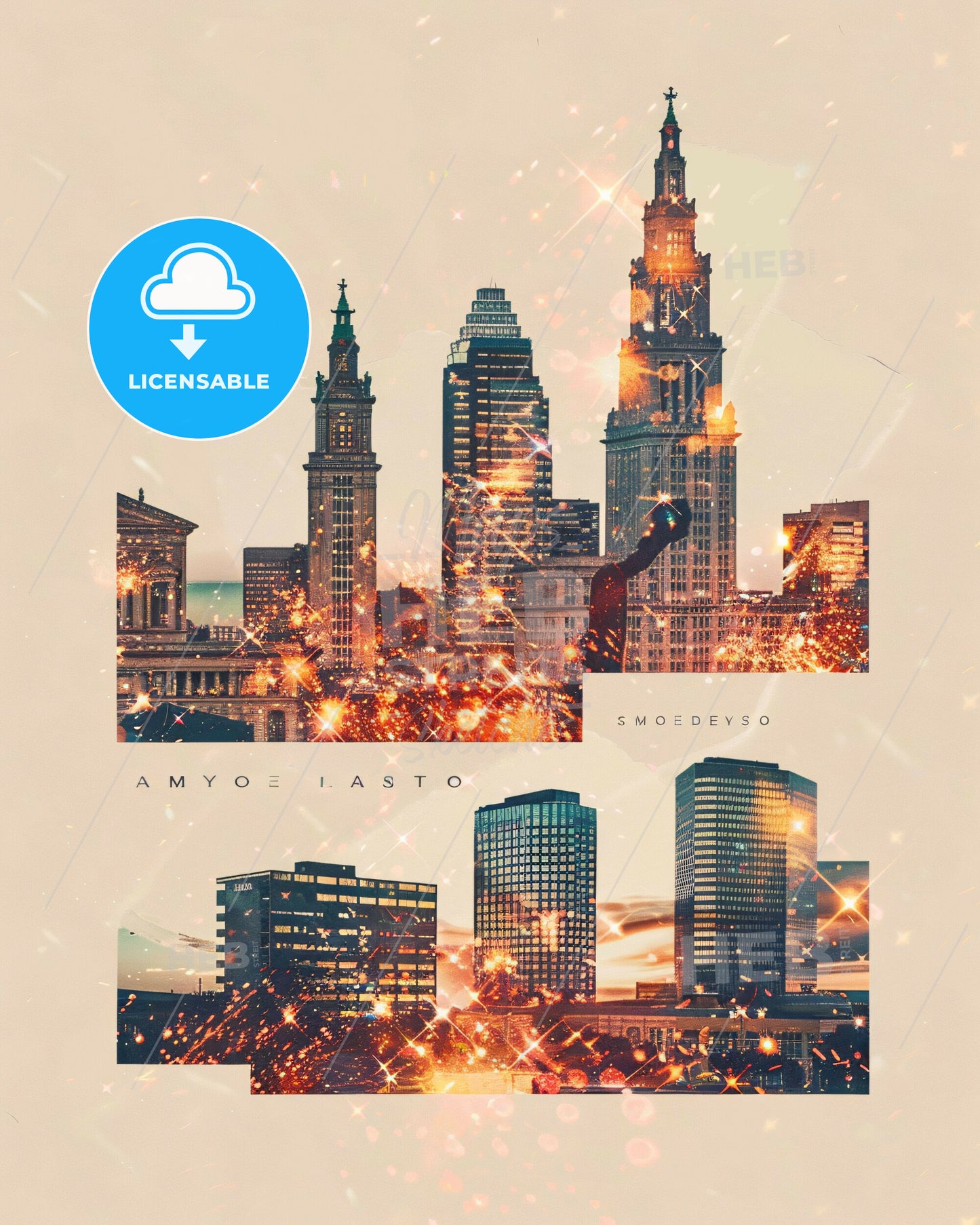 Modesto Cityscape Double Exposure Art - A city skyline with many tall buildings