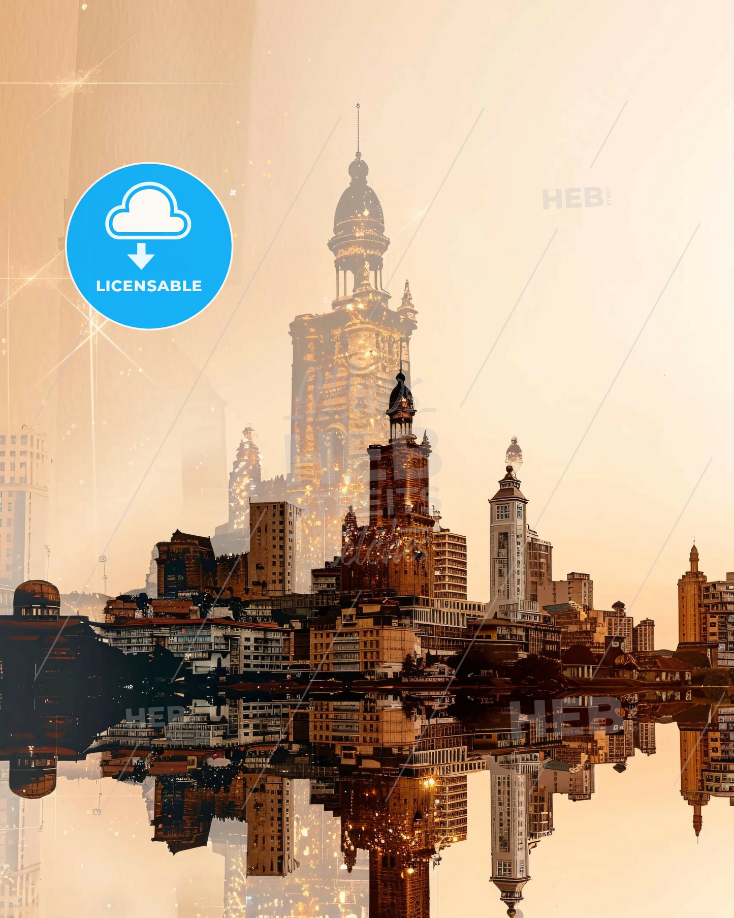 Mombasa Skyline Composite: Brilliance in Beige - A city with a tall tower and a body of water