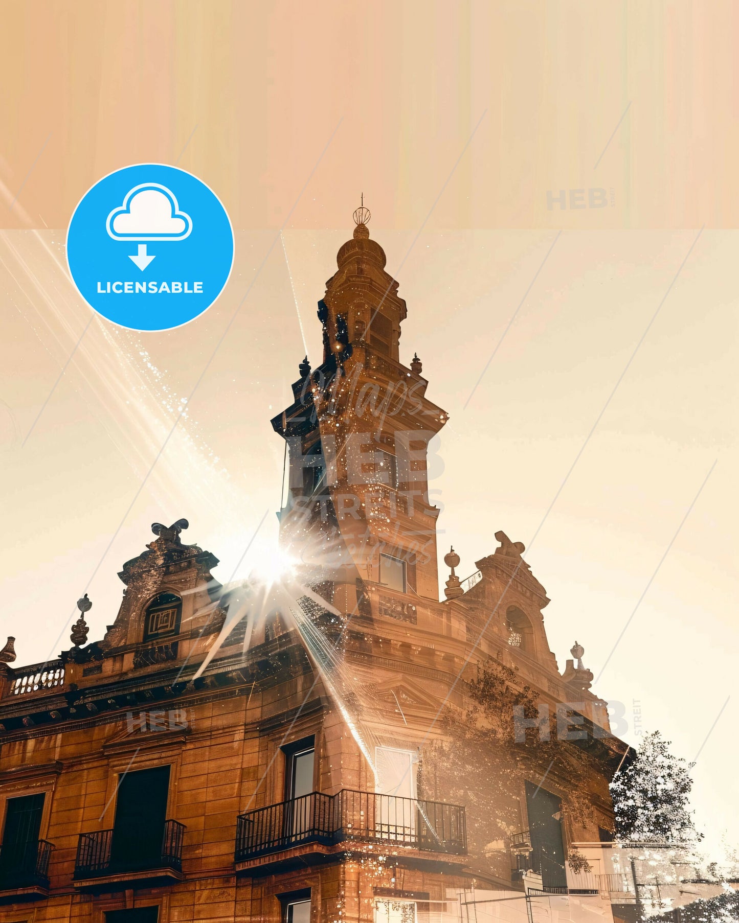 Moncloa-Aravaca Skyline Double Exposure Composite - A building with a tower and sun rays