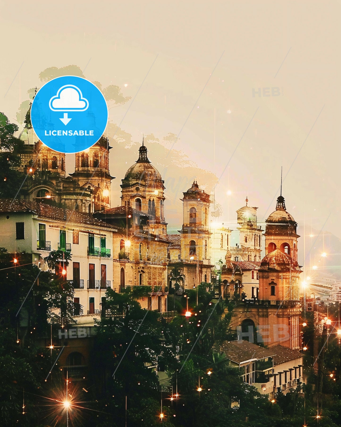 Monteria Skyline Double Exposure Cityscape Art Poster - A building with many towers and trees