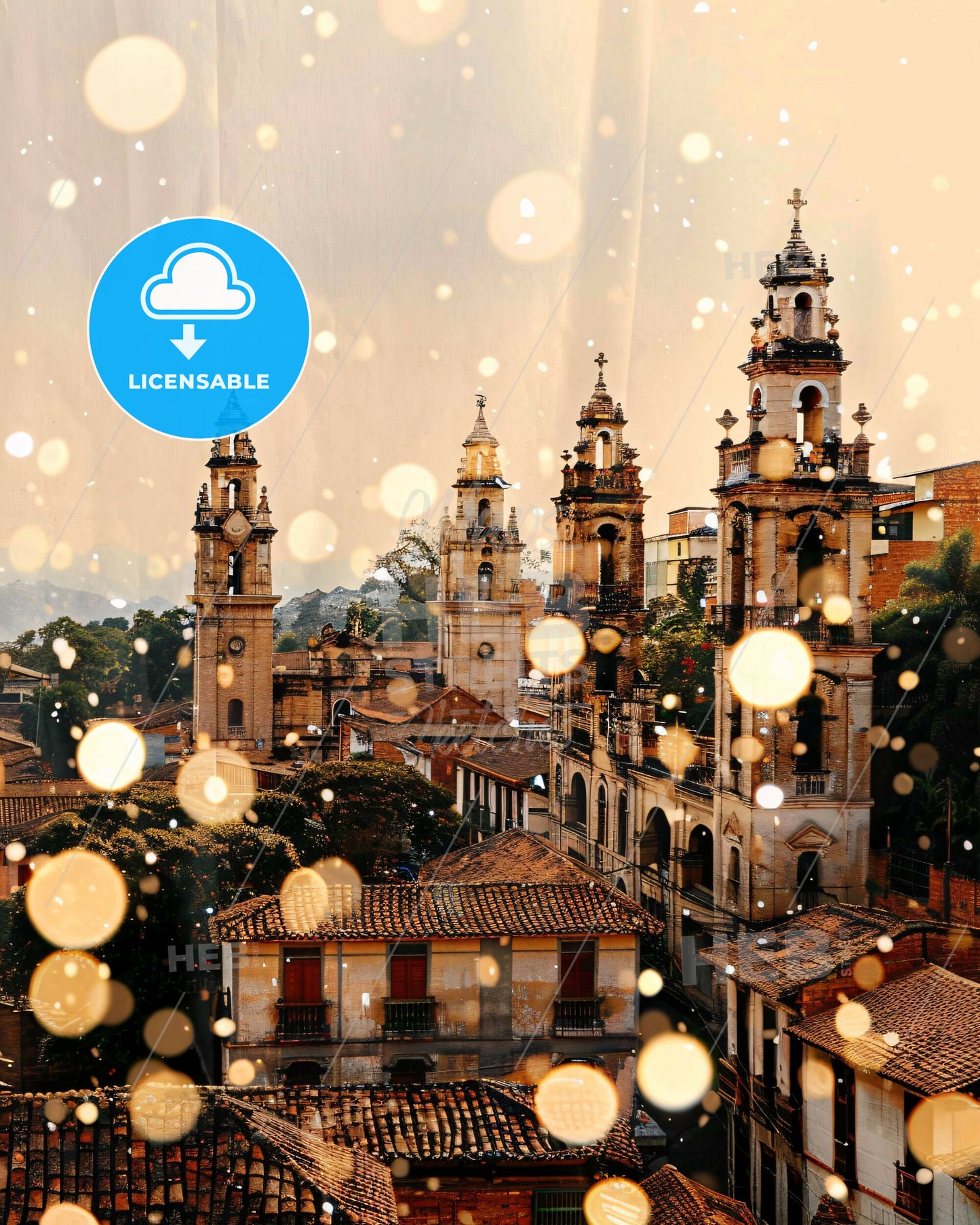 Monteria Skyline Composite Art: Local Colors, Bright Sparks - A group of buildings with towers and trees