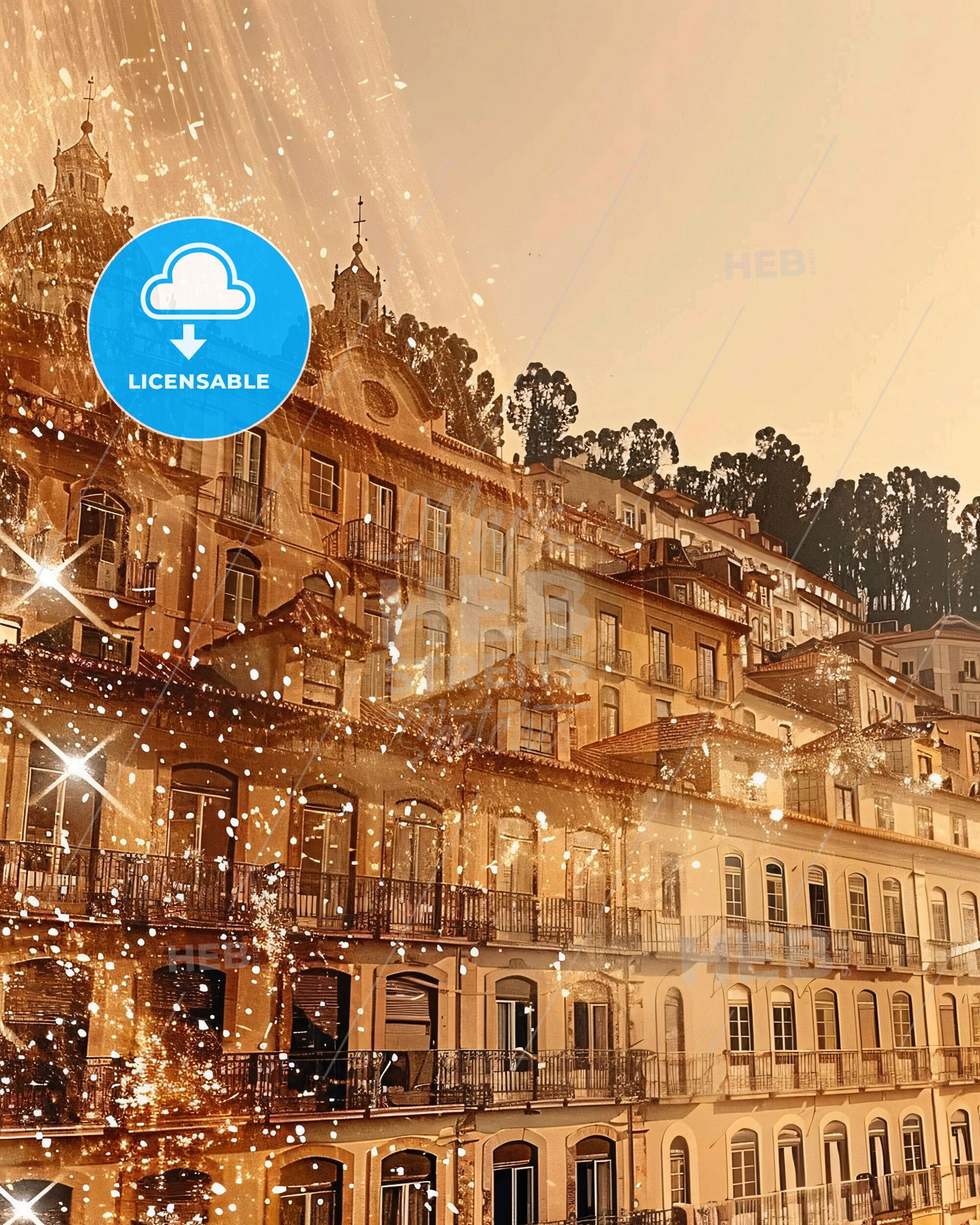 Montijo City Skyline Art Poster, Bright Beige - A building with many windows and lights