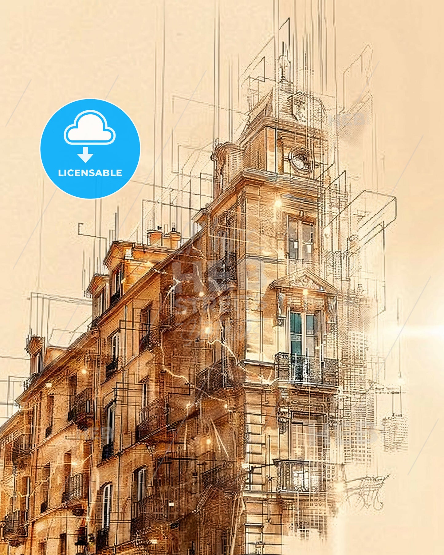 Montpellier Skyline Silhouette Double Exposure Poster - A building with a clock tower