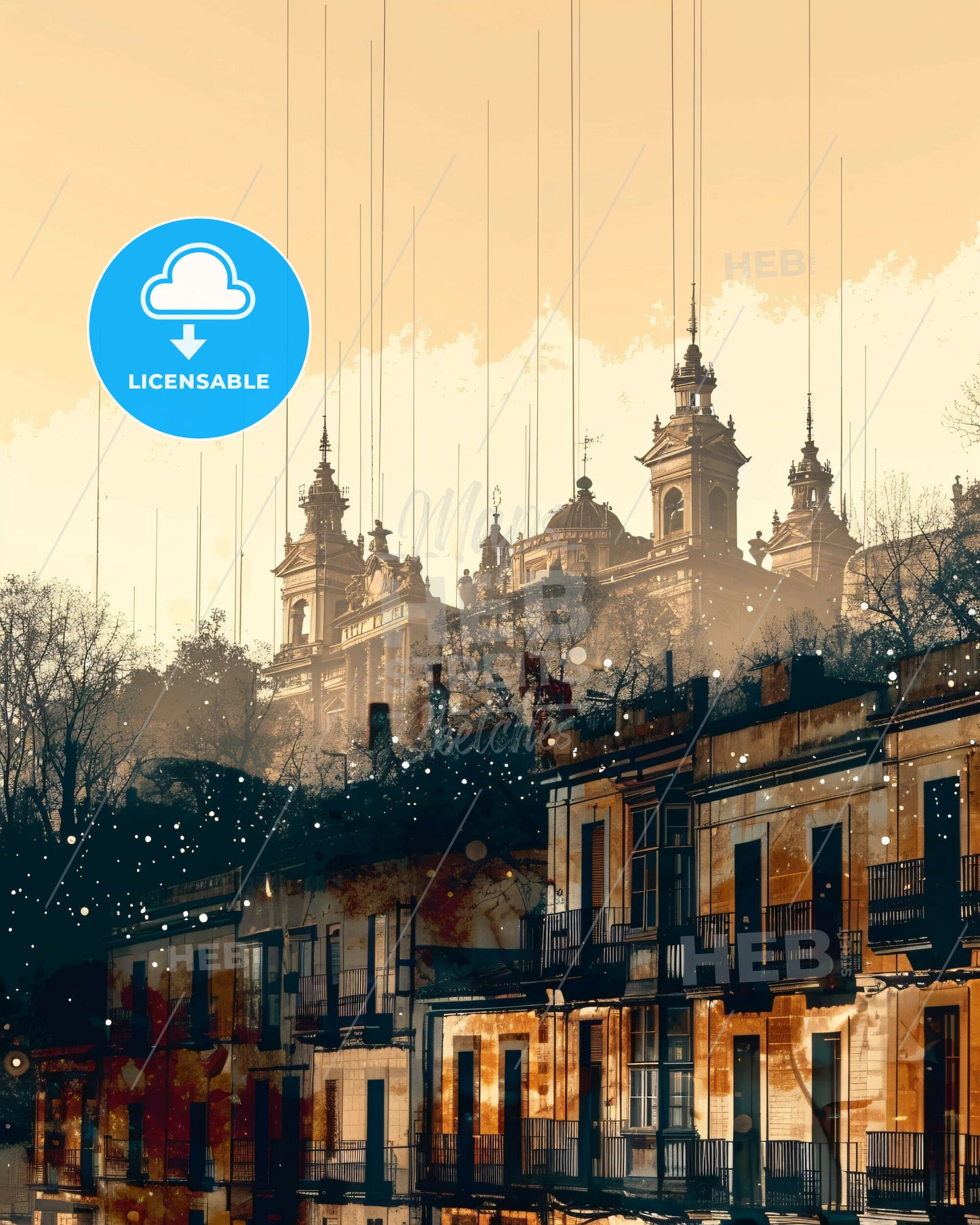 Moratalaz Skyline Art: City Icons on Beige - A building with many towers and trees