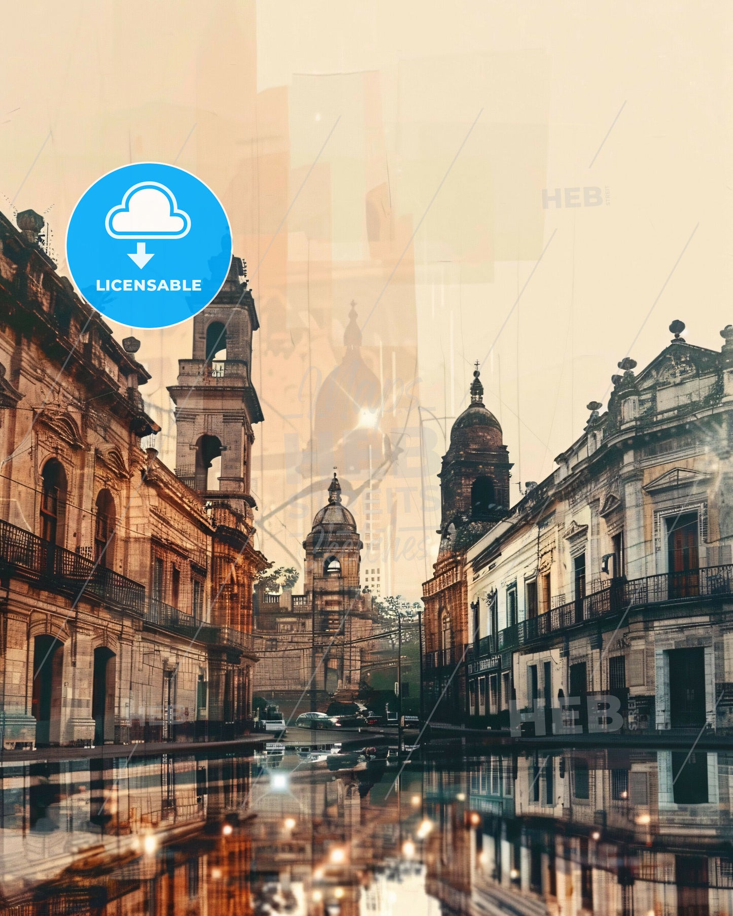 Morelia City Skyline at Night - A street with buildings and a reflection of a car