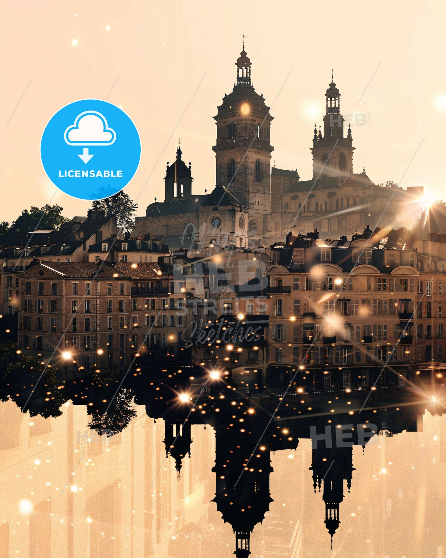 Mérignac Skyline Art Deco Double Exposure Poster - A city with many buildings and lights reflecting in water