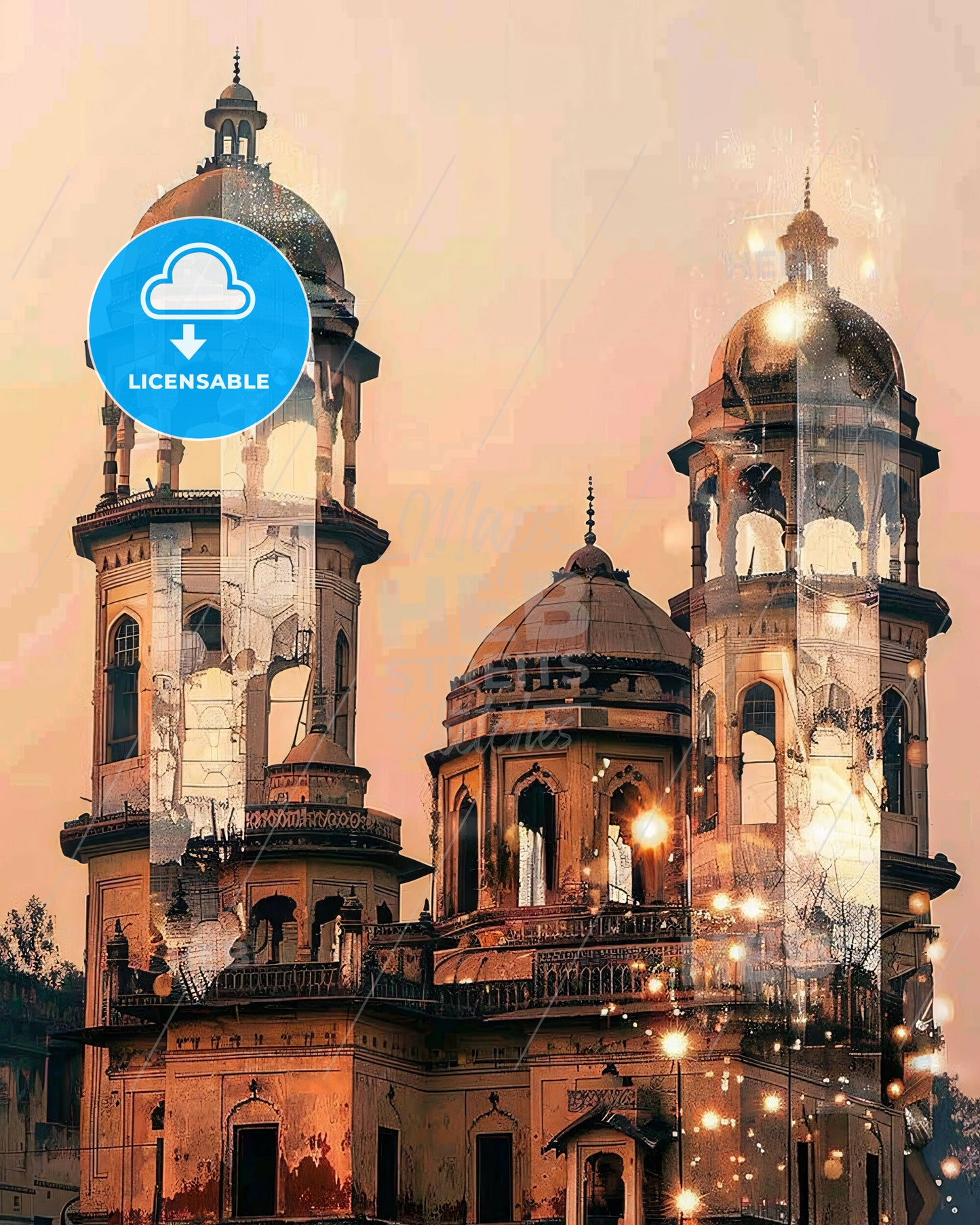 Multan Cityscape Skyline Double Exposure Art - A building with towers and lights