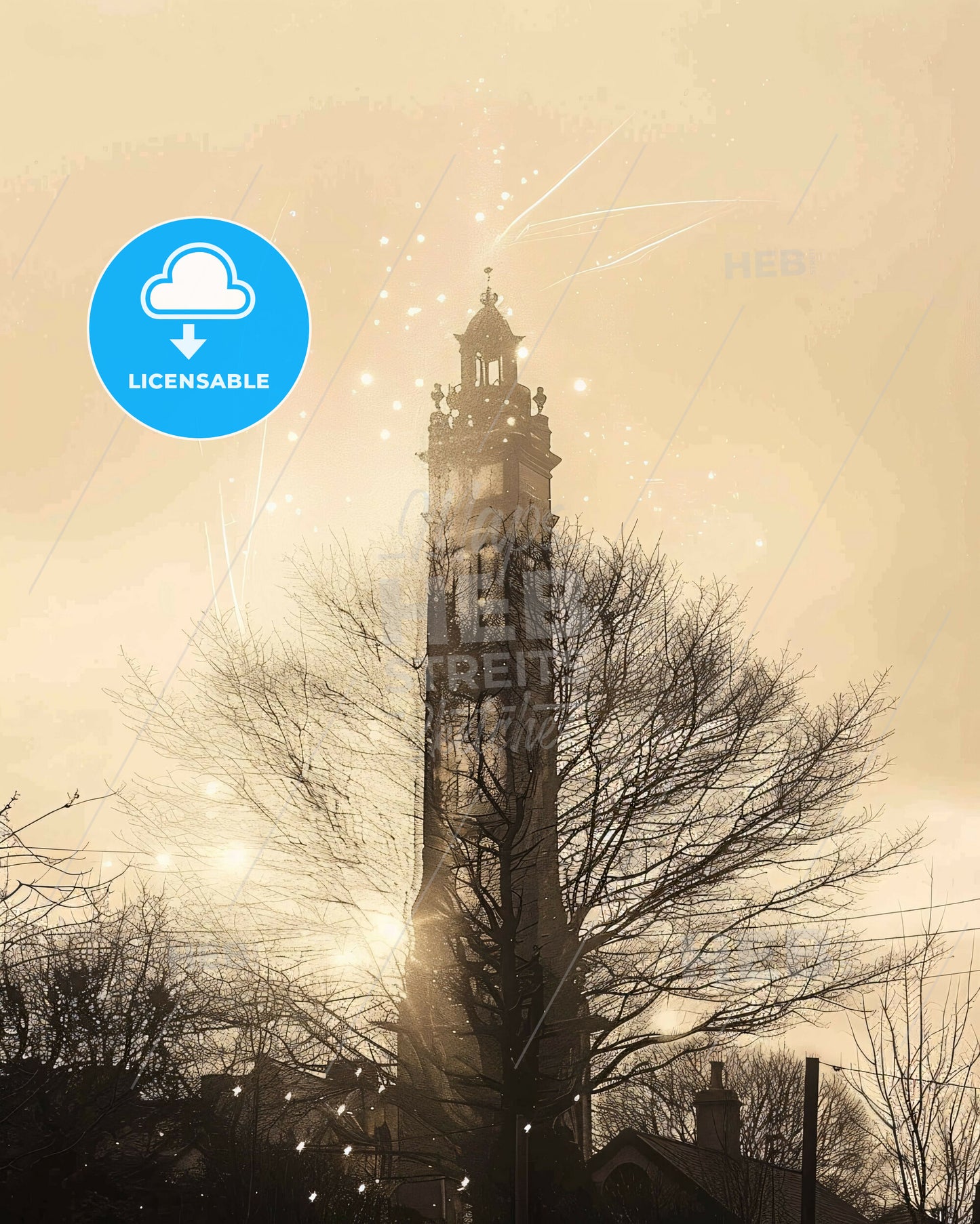 Naas Double Exposure Skyline Art Composite Poster - A tall tower with a tree and a light trail