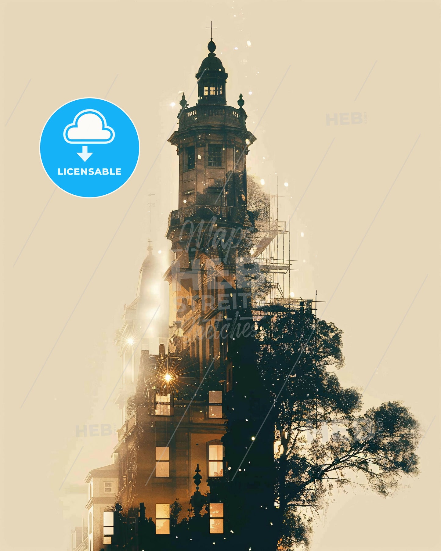 Naas Skyline Art Poster: Ireland Icon Silhouette Sparkles - A building with a tower and a tree