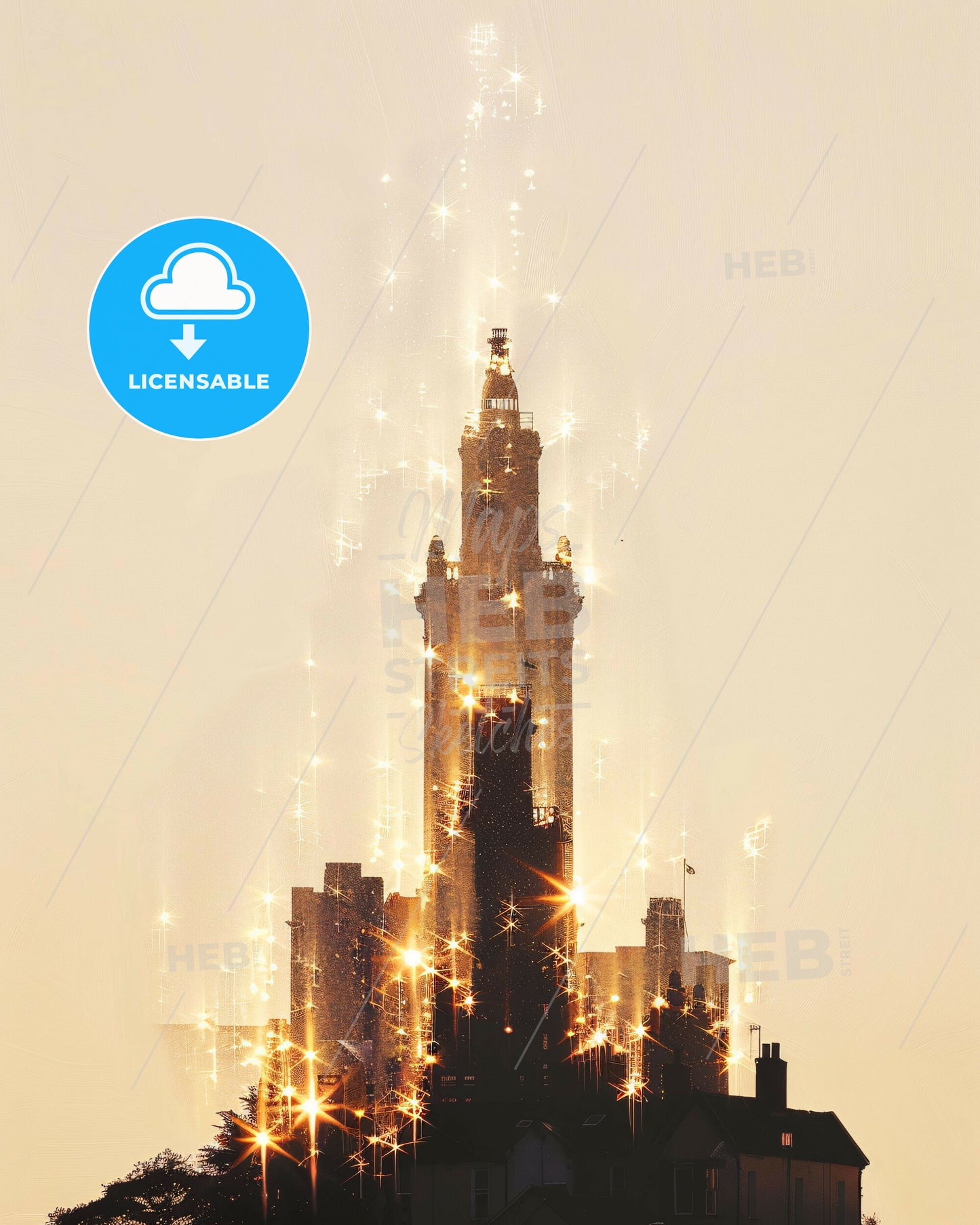 Naas City Silhouette Sparkling Art Print - A tall building with fireworks