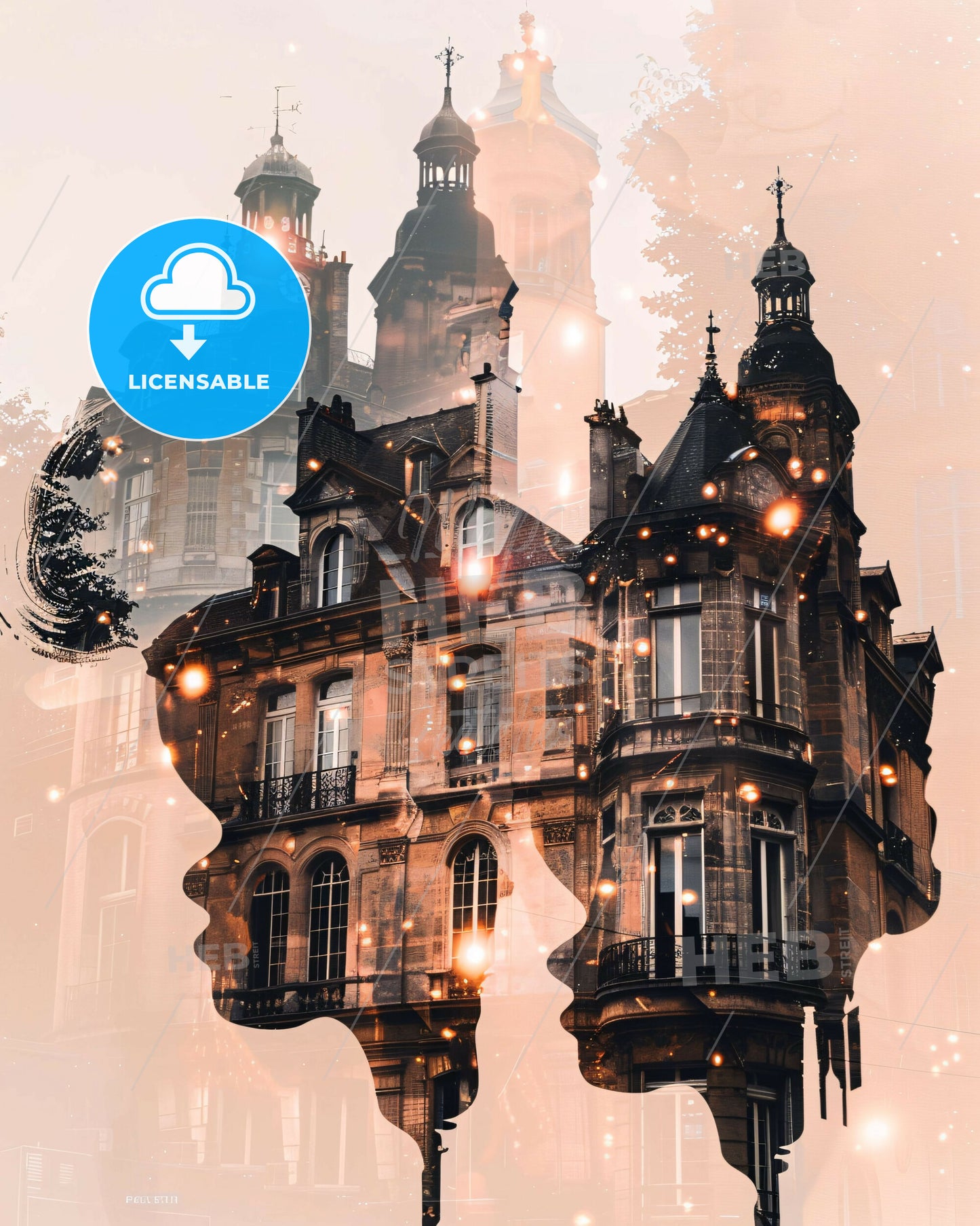 Nancy Skyline Composite Art Poster, Beige Background - A double exposure of a woman's face and a building